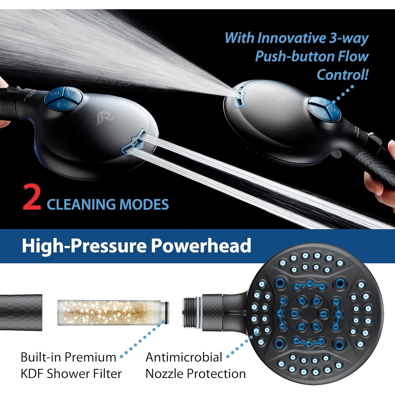 Cabezal de Ducha AquaCare 4X Alta Presión 10 Modos Negro Mate