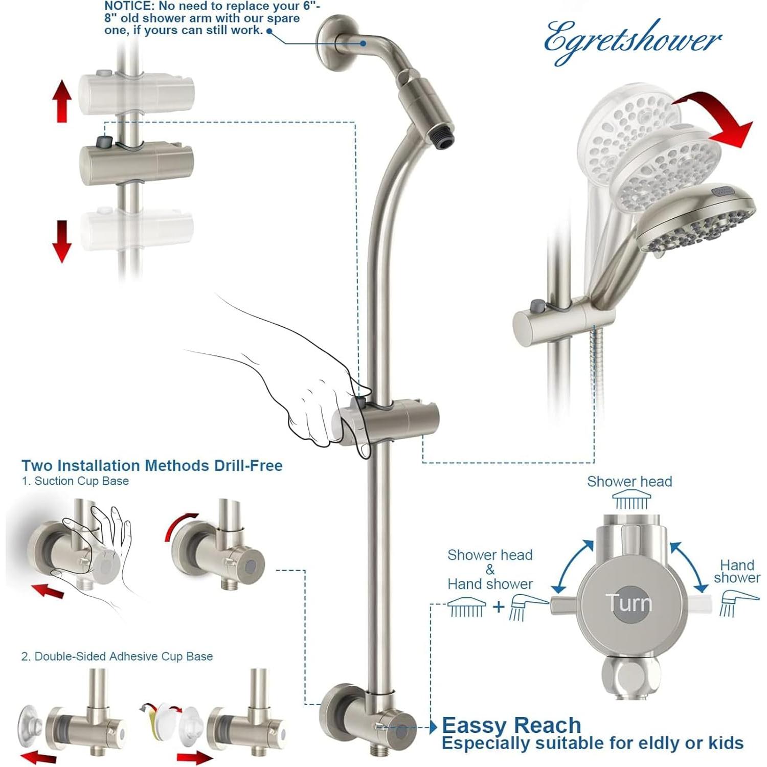 Cabezal de Ducha de Mano Egretshower 82 Modos Alta Presión 65.41 cm