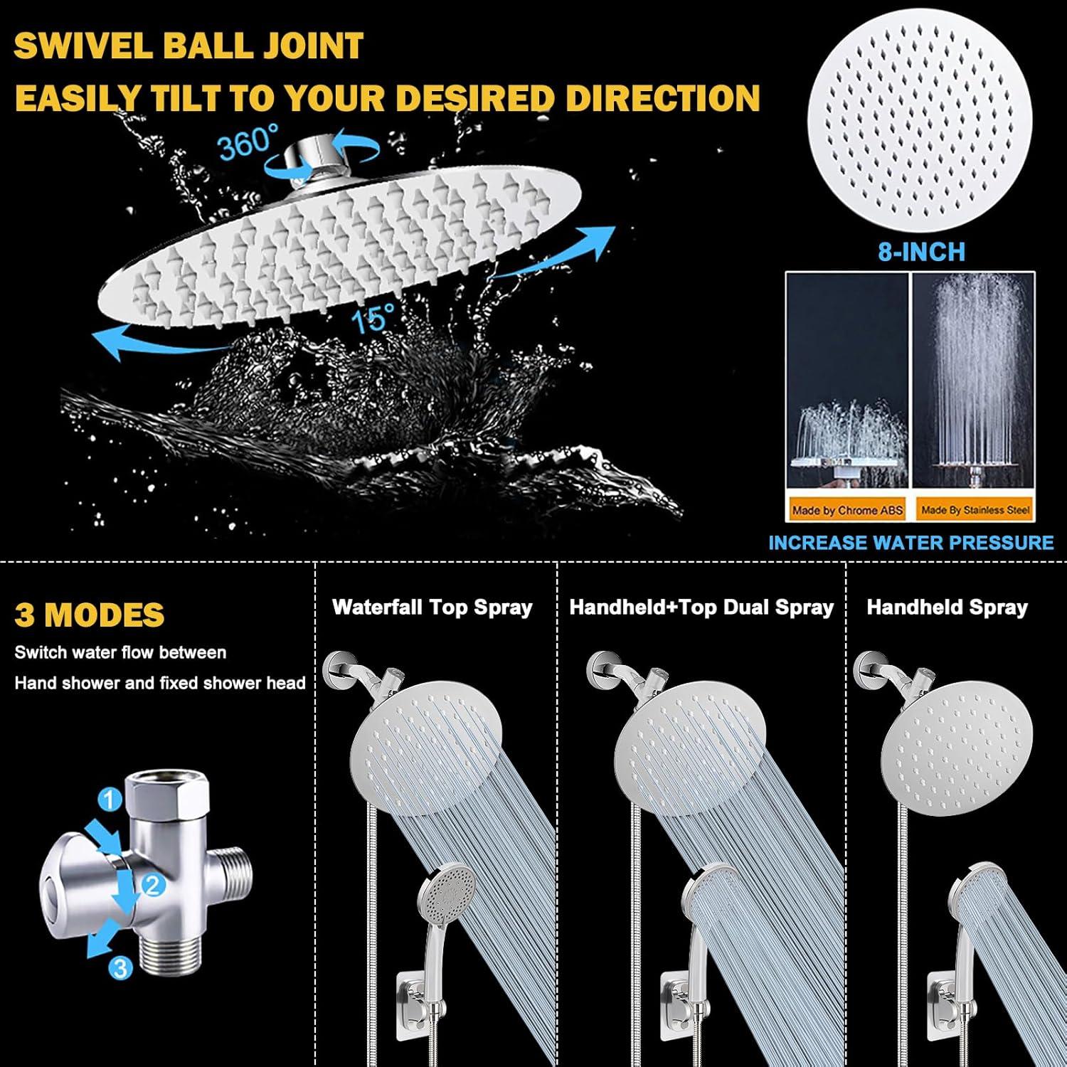 Cabezal de Ducha NearMoon 8" Acero Inoxidable Cromo 5 Modos