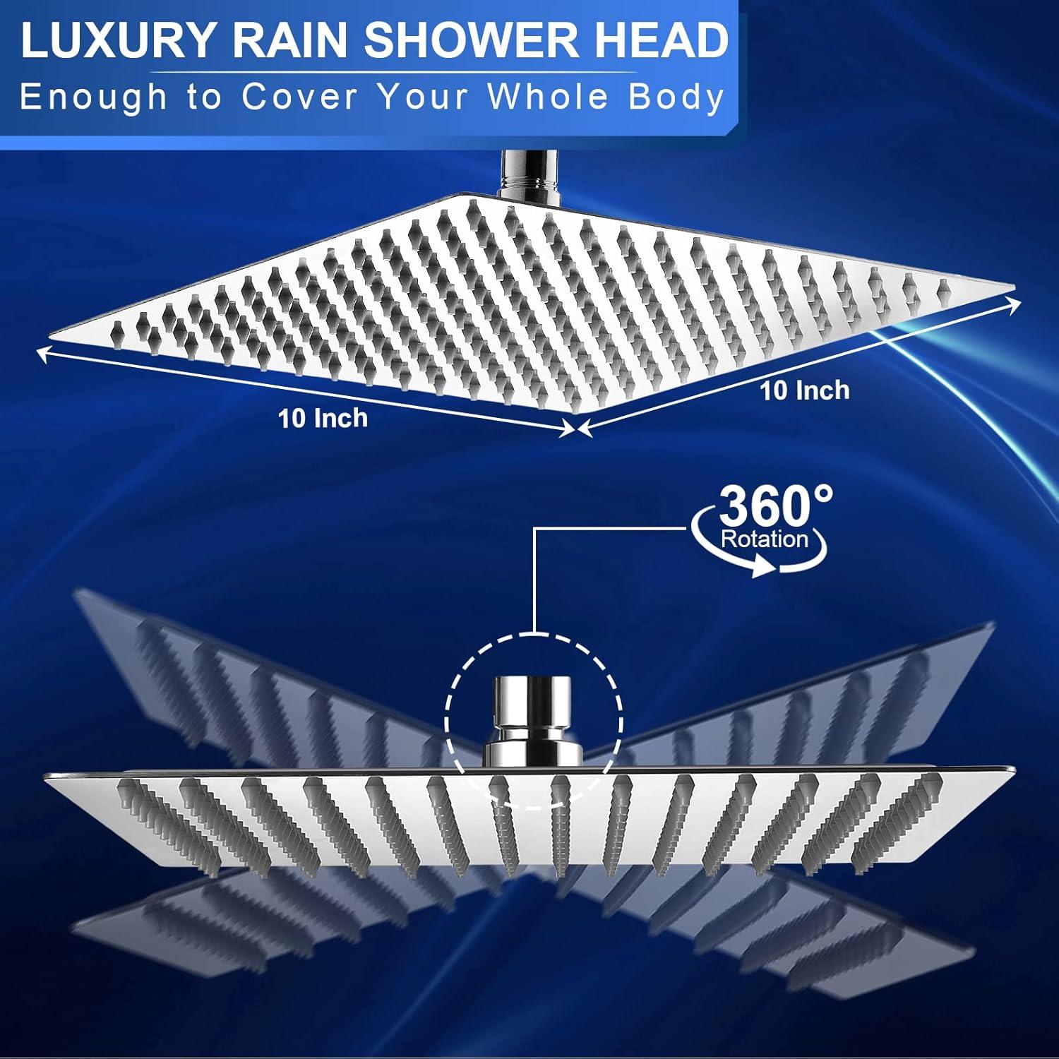 Rain Shower Head - 10 Inch High Pressure Shower Heads 304 Stainless Steel Ultra Thin Square Showerhead Pressure Boosting Design, Ceiling or Wall Mount
