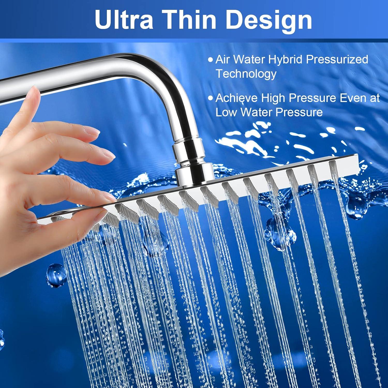 Rain Shower Head - 10 Inch High Pressure Shower Heads 304 Stainless Steel Ultra Thin Square Showerhead Pressure Boosting Design, Ceiling or Wall Mount
