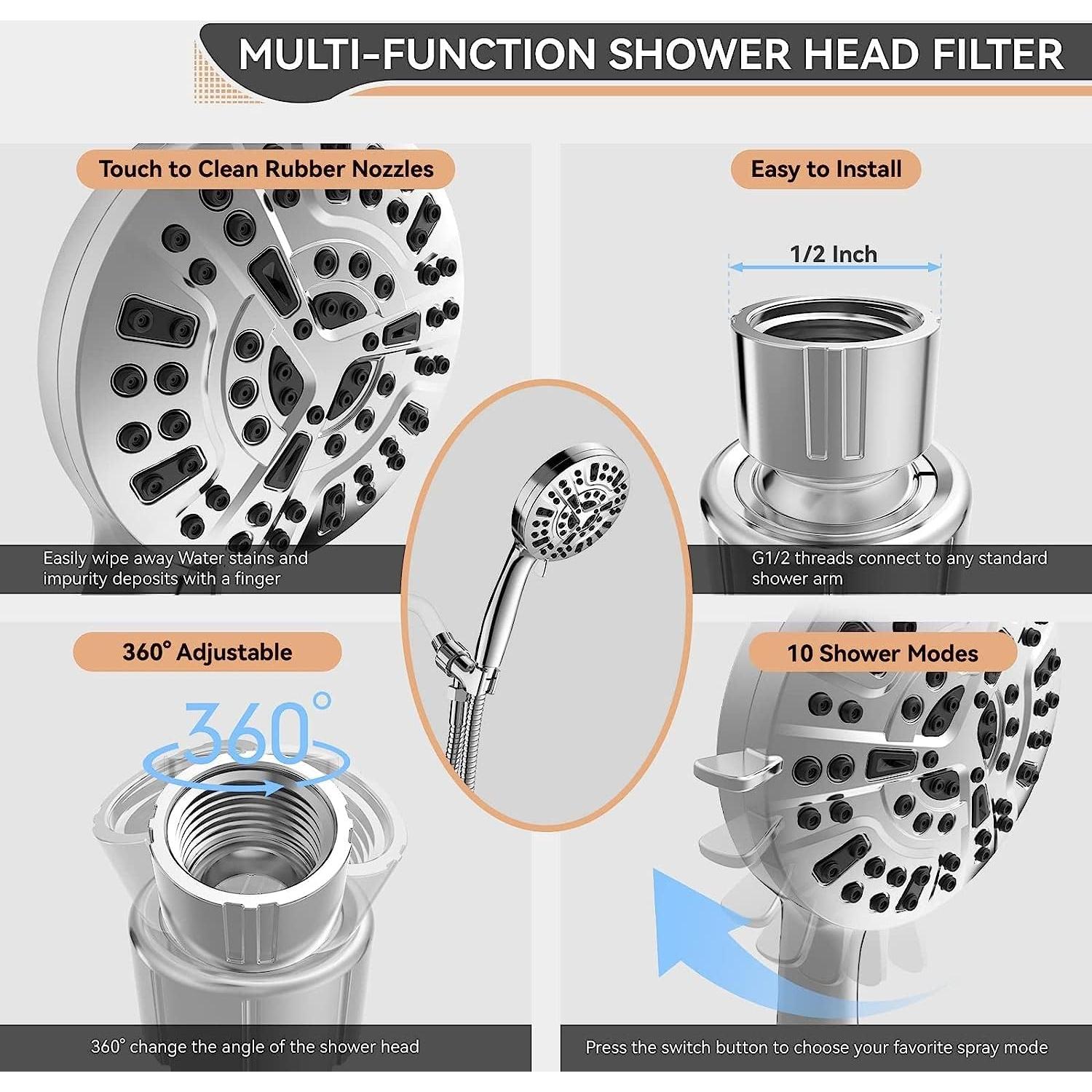 Filtered Shower Head, 15 Stage Handheld Shower Head Filter for Hard Water, 10 Modes High Pressure Shower Head with 60" Hose and Bracket, Remove Chlorine and Harmful Substance