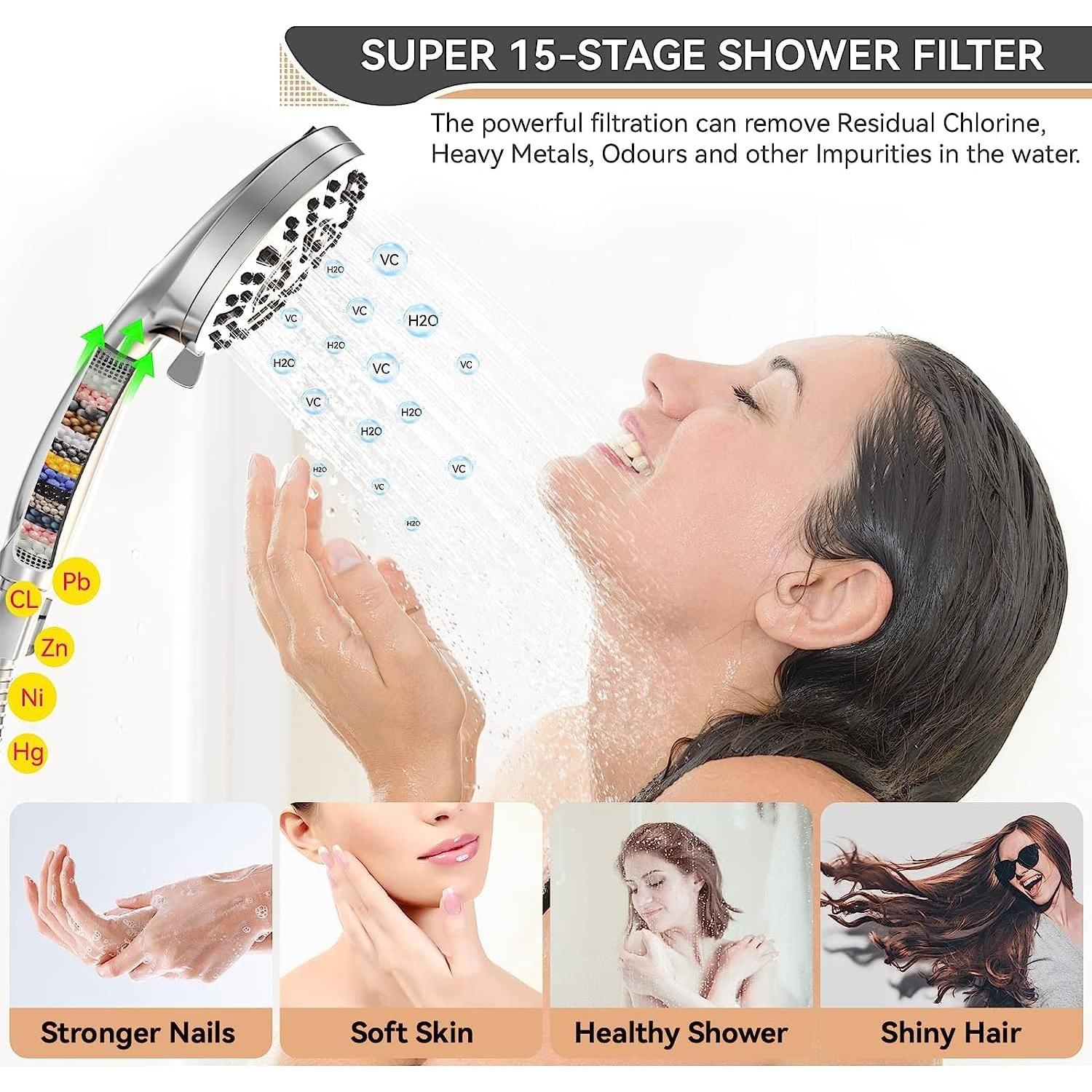 Filtered Shower Head, 15 Stage Handheld Shower Head Filter for Hard Water, 10 Modes High Pressure Shower Head with 60" Hose and Bracket, Remove Chlorine and Harmful Substance