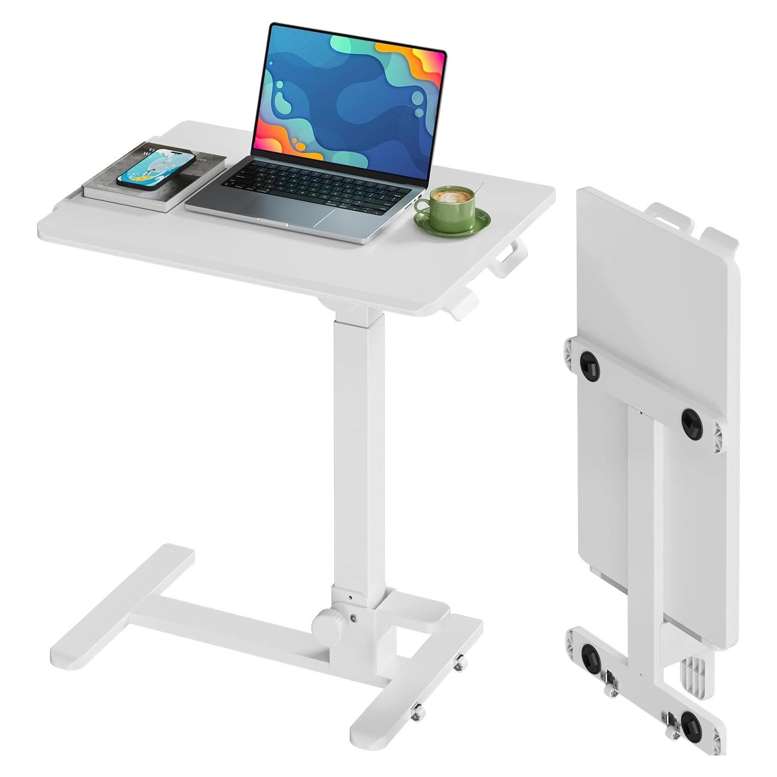 Foldable Mobile Standing Desk, 27 Inch Small Rolling Laptop Cart Height Adjustment, 90° Tiltable Bedside Table, No Assembly Needed Portable Computer Workstation, White