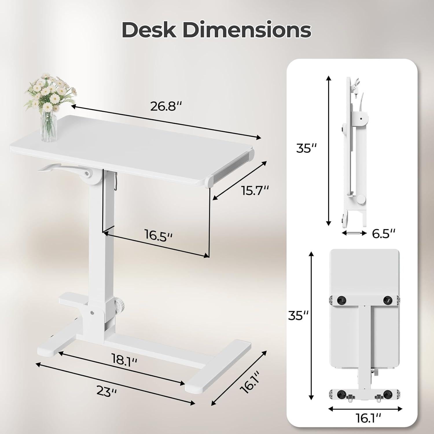 Foldable Mobile Standing Desk, 27 Inch Small Rolling Laptop Cart Height Adjustment, 90° Tiltable Bedside Table, No Assembly Needed Portable Computer Workstation, White