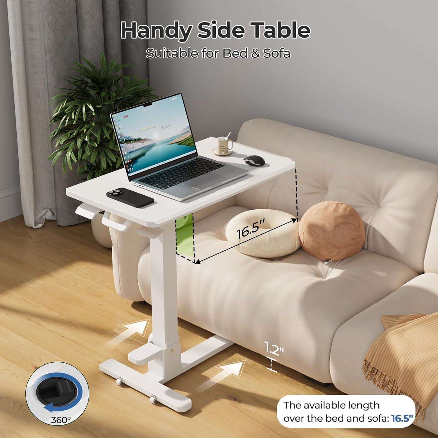 Foldable Mobile Standing Desk, 27 Inch Small Rolling Laptop Cart Height Adjustment, 90° Tiltable Bedside Table, No Assembly Needed Portable Computer Workstation, White