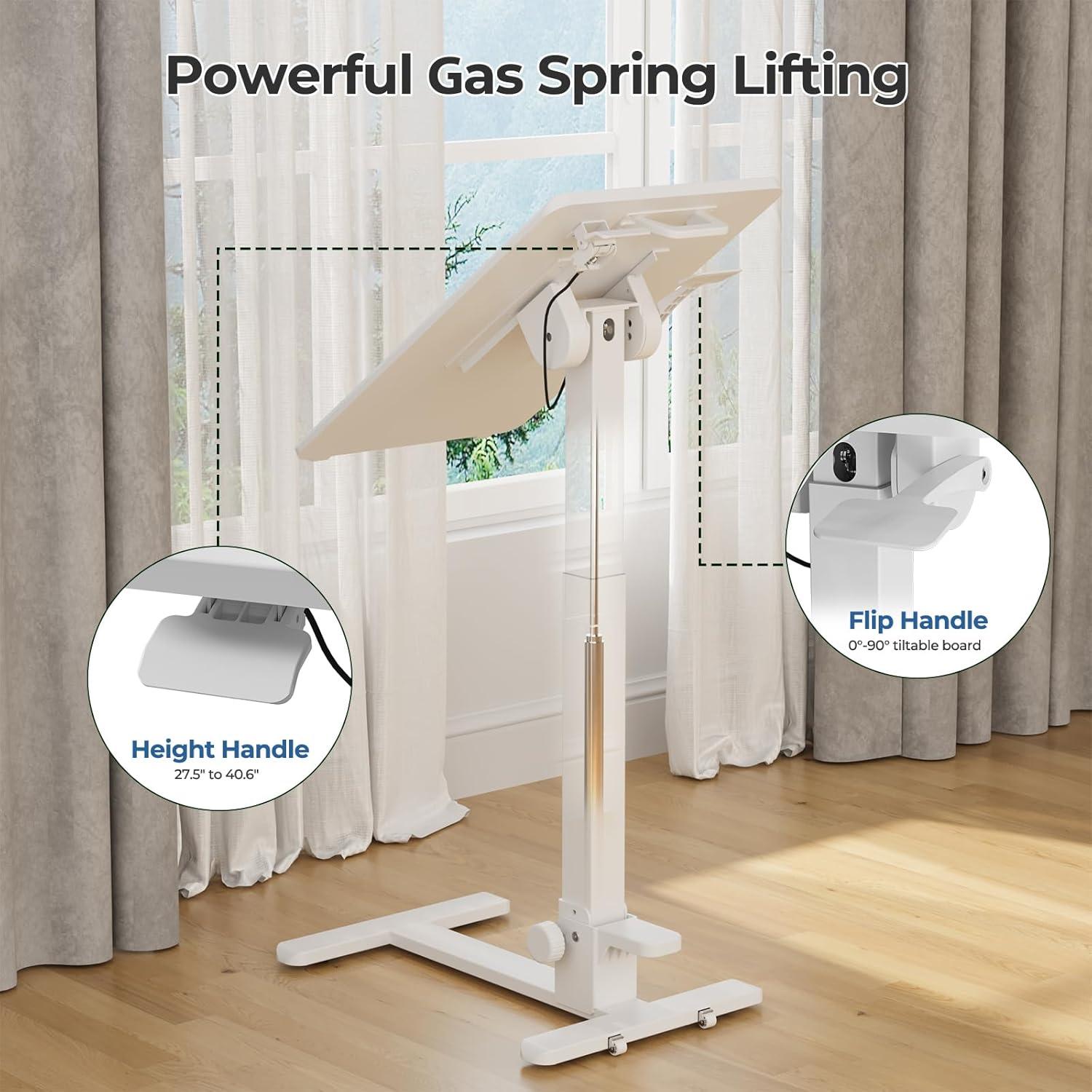 Foldable Mobile Standing Desk, 27 Inch Small Rolling Laptop Cart Height Adjustment, 90° Tiltable Bedside Table, No Assembly Needed Portable Computer Workstation, White