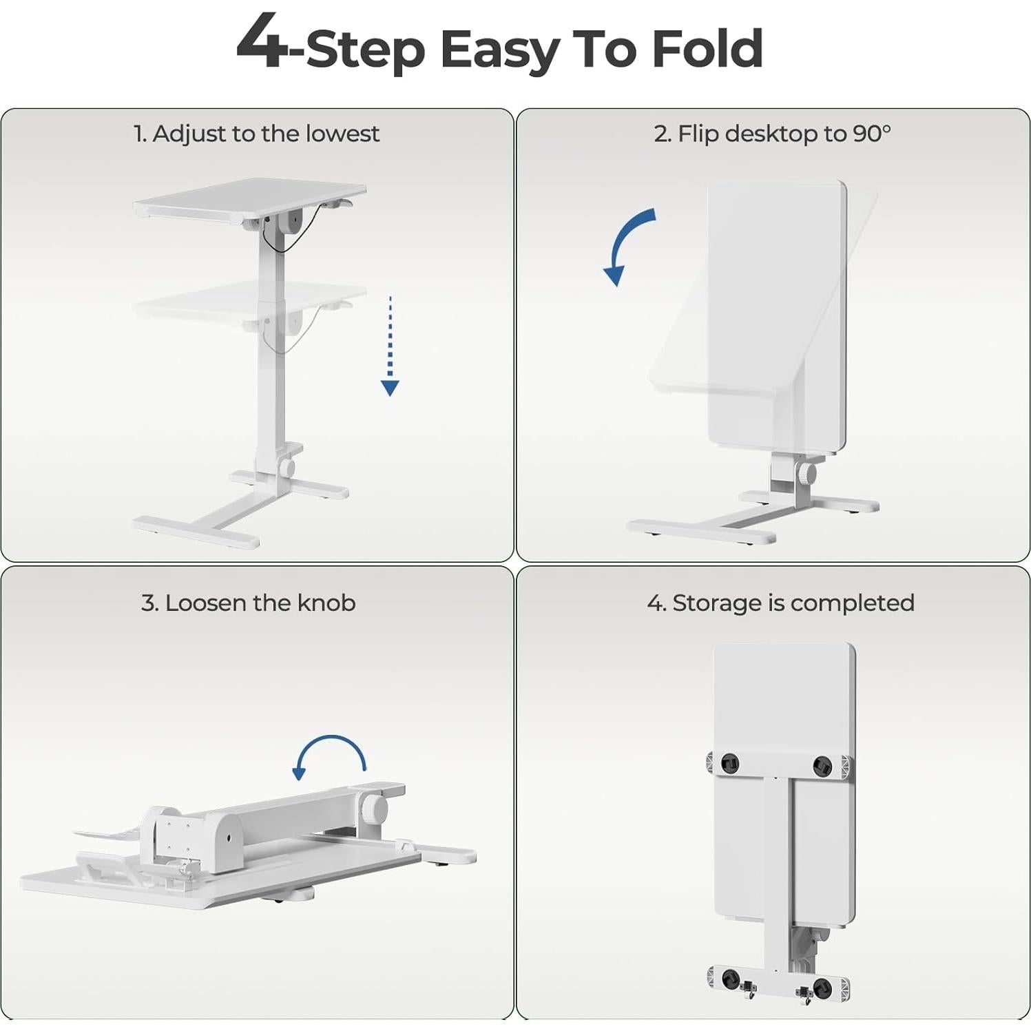 Foldable Mobile Standing Desk, 27 Inch Small Rolling Laptop Cart Height Adjustment, 90° Tiltable Bedside Table, No Assembly Needed Portable Computer Workstation, White