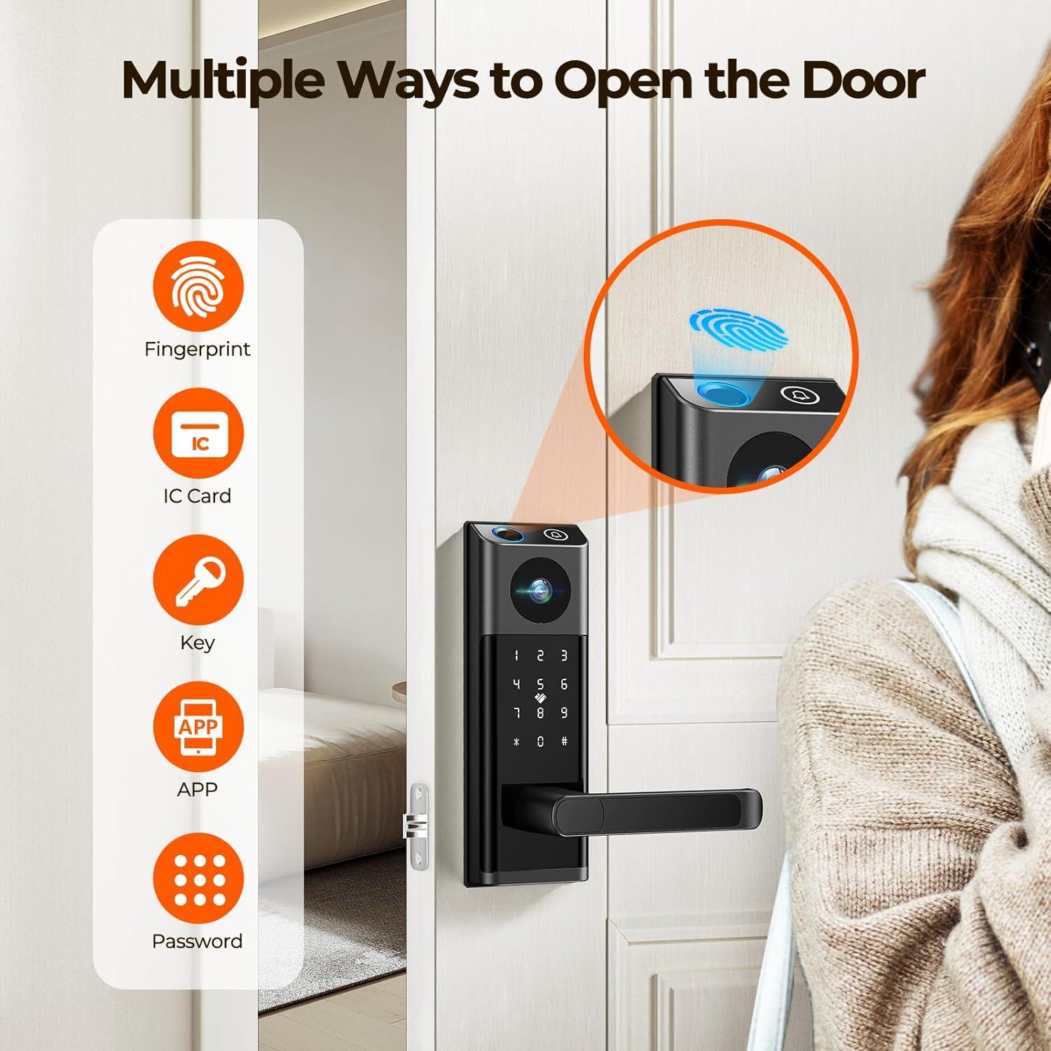 Video Smart Lock with Camera & Doorbell, 5-in-1 Keyless Entry Door Lock with Handle, Fingerprint+Keypad Code+App Remote Control+IC Card, Auto Lock, Wi-Fi Smart Deadbolt for Front Door, Apartment