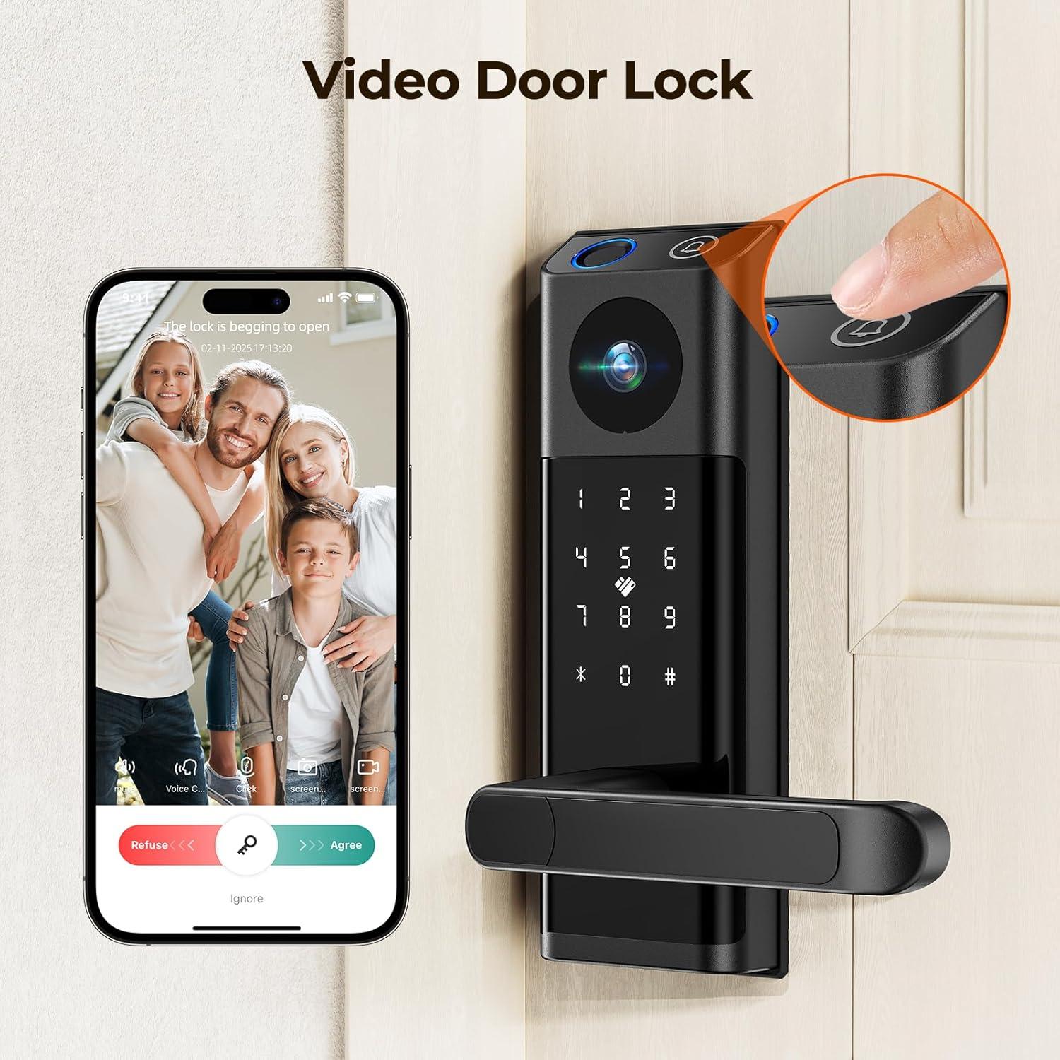 Video Smart Lock with Camera & Doorbell, 5-in-1 Keyless Entry Door Lock with Handle, Fingerprint+Keypad Code+App Remote Control+IC Card, Auto Lock, Wi-Fi Smart Deadbolt for Front Door, Apartment