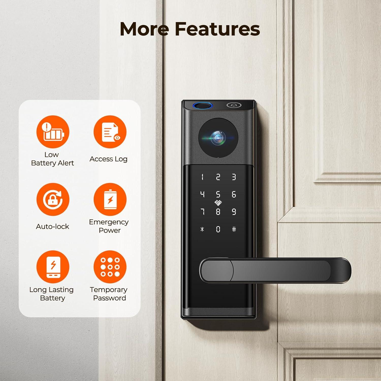 Video Smart Lock with Camera & Doorbell, 5-in-1 Keyless Entry Door Lock with Handle, Fingerprint+Keypad Code+App Remote Control+IC Card, Auto Lock, Wi-Fi Smart Deadbolt for Front Door, Apartment