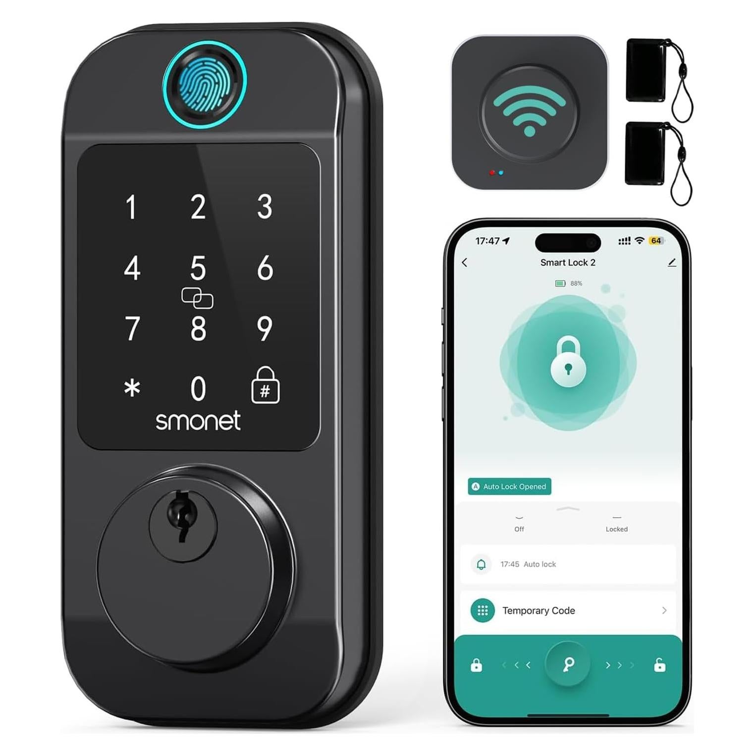 Smart Door Lock WiFi Deadbolt: SMONET Keyless Entry Front Fingerprint Keypad Electronic Digital Locks Alexa Deadbolt Remote Control, Bluetooth APP KeyFob Code Auto-Lock for Home, Black