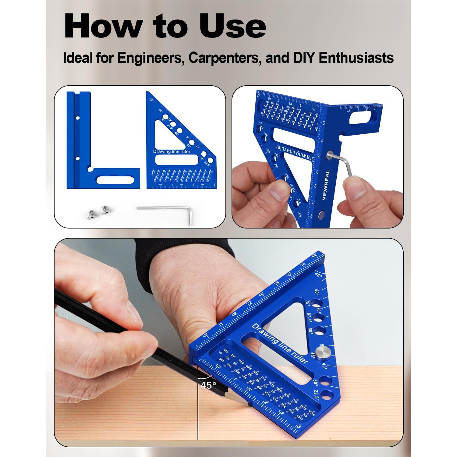 Regla de Carpintero ViewReal de Aluminio 3D con Transportador 22.5-90°