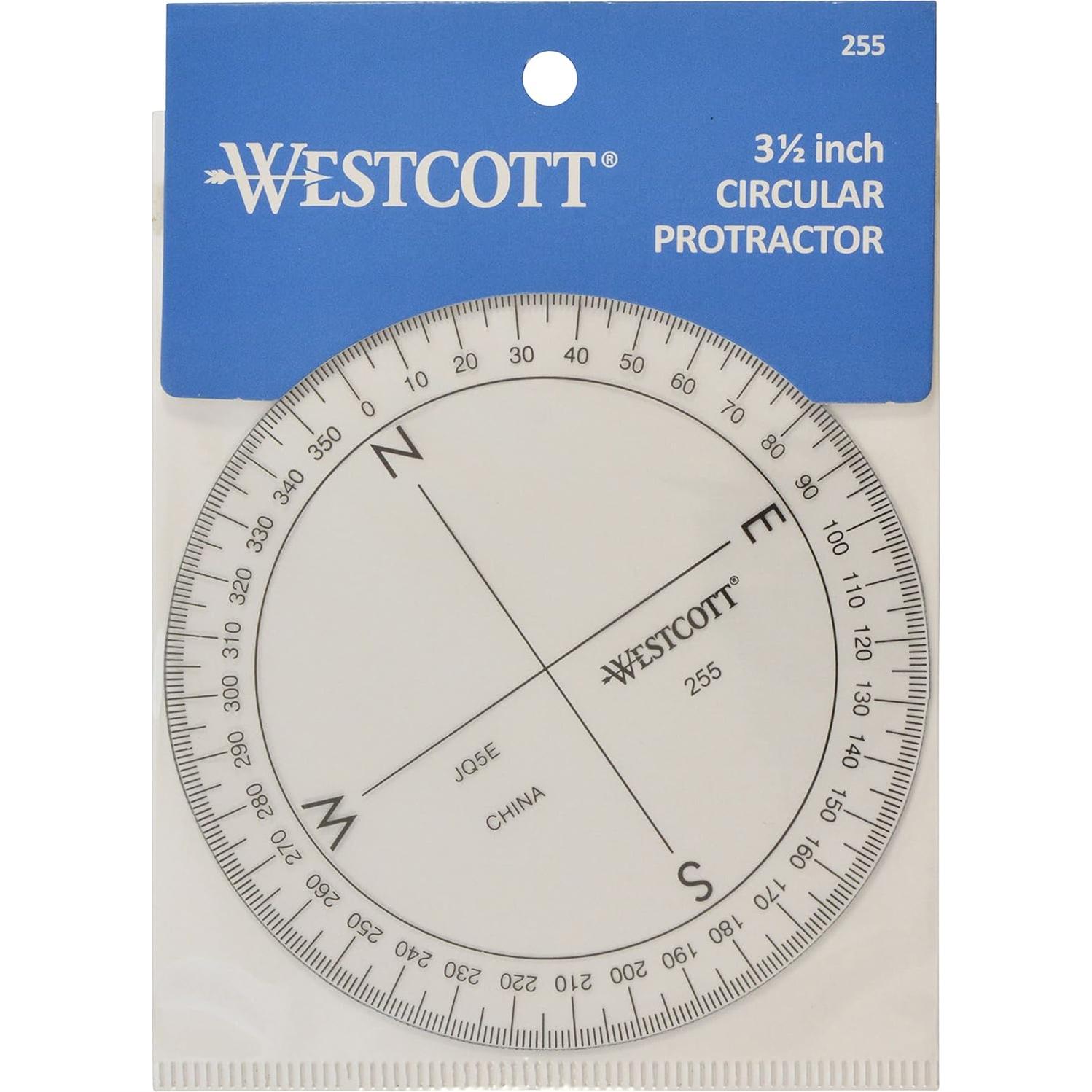 Westcott 360-Degree Compass Protractor, Crystal Clear Transparent Dial, Calibrated for 360-Degree Accuracy, Back-to-School, School Supplies, Classroom Supplies, 3 1/2-Inch