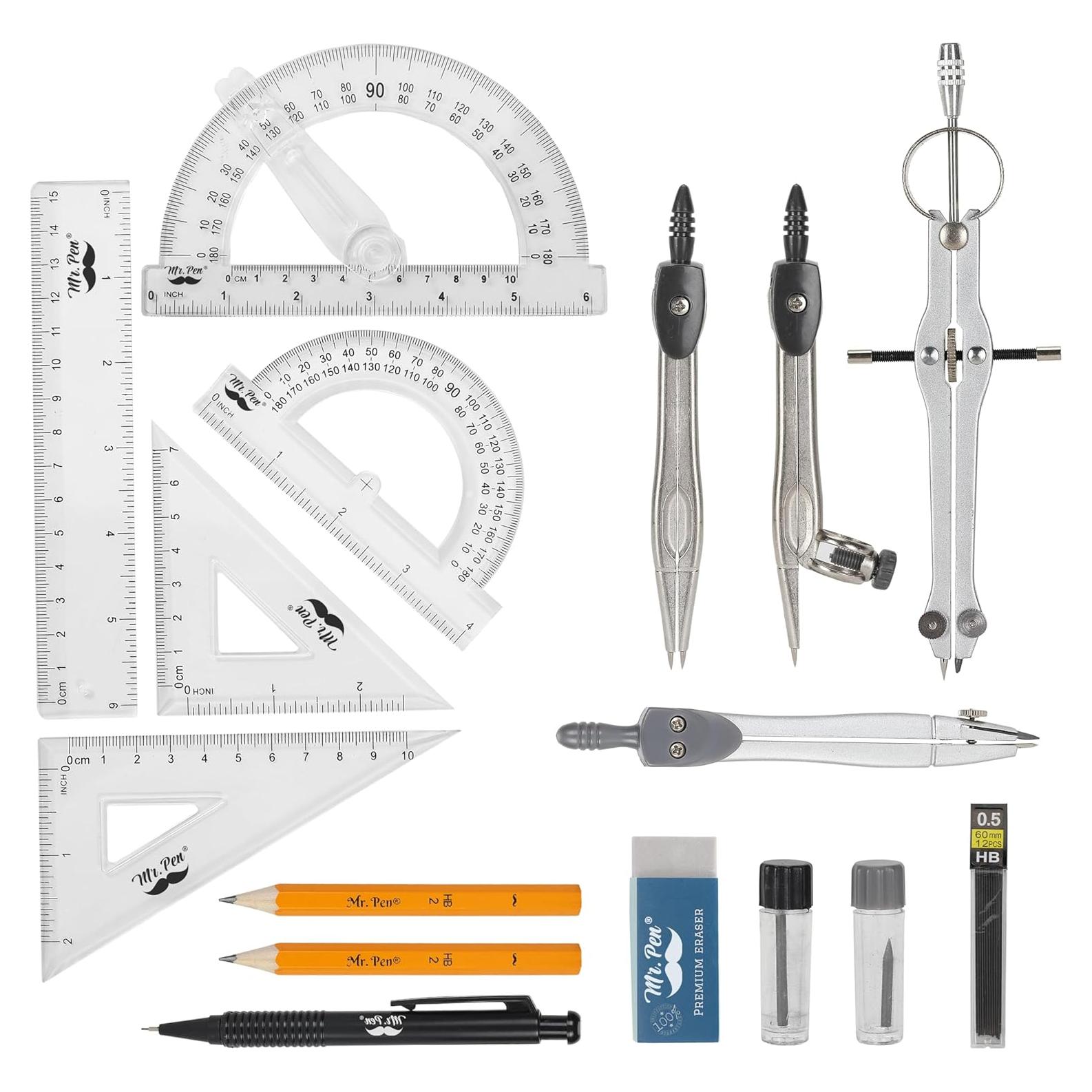 Juego de Geometría Mr. Pen 15 Piezas con Compases y Transportador