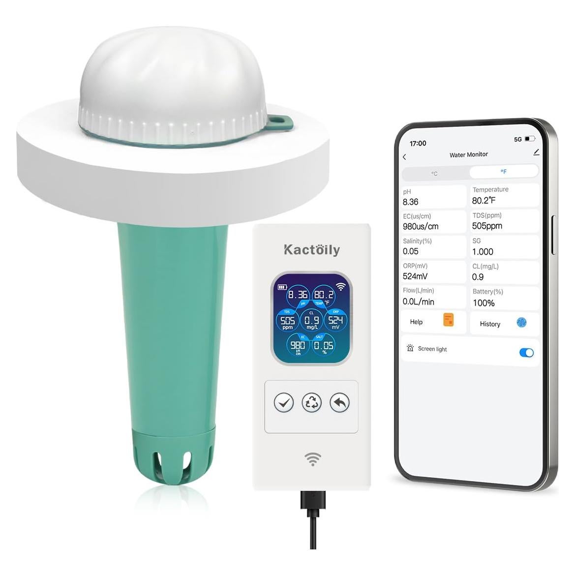 Monitor de Agua Inteligente Kactoily para Piscinas - pH, Cloro, Salinidad, EC, TDS, Temp