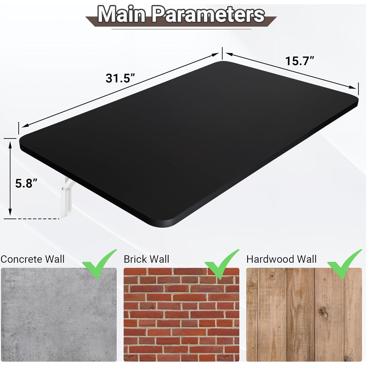 Wall Mounted Folding Table 31.5”L x 15.7”W, Laundry Folding Table with Heavy Duty Metal Collapsible Shelf Brackets, 120 LBS Capacity, Wall Mounted Desk Fold Down for Small Spaces, Black