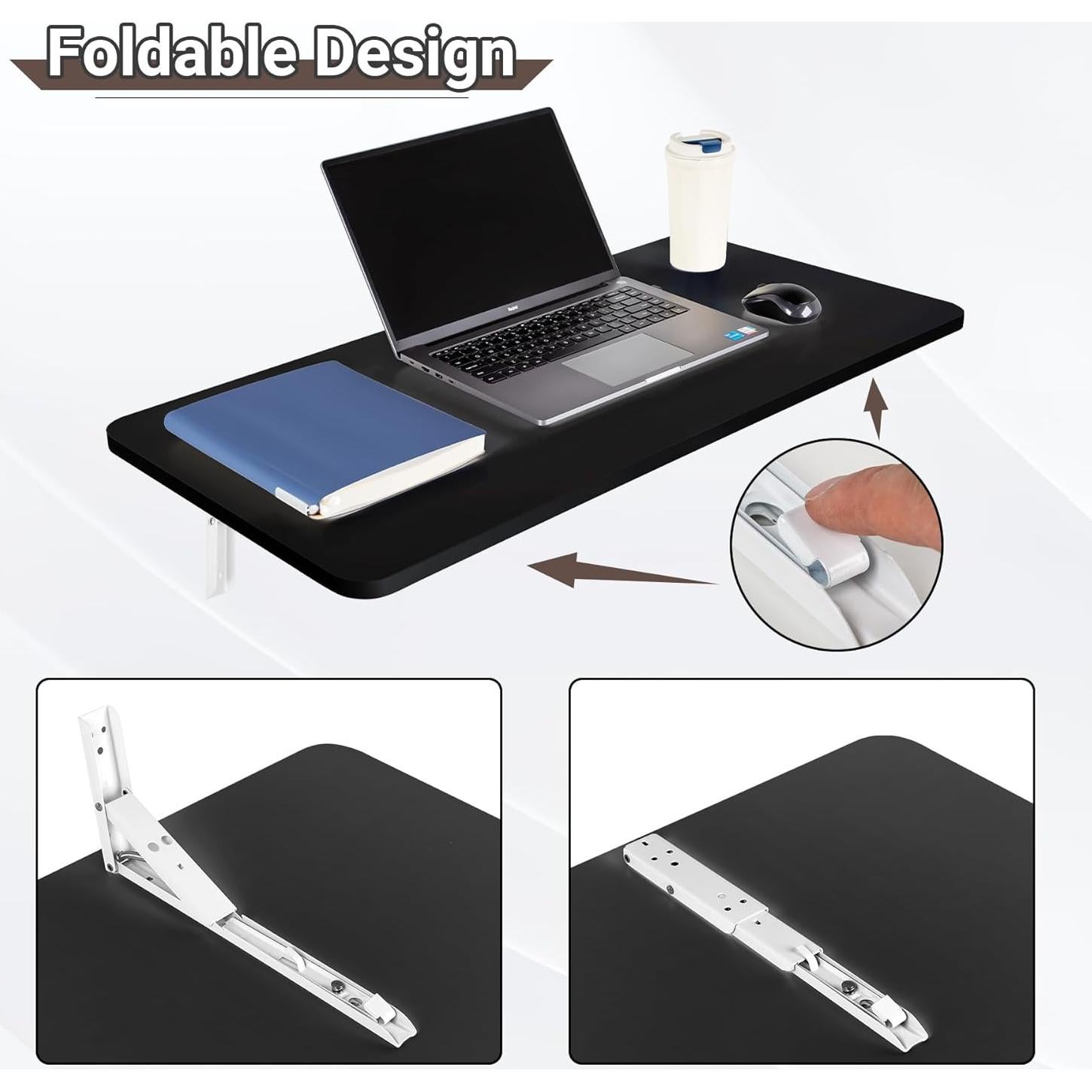 Wall Mounted Folding Table 31.5”L x 15.7”W, Laundry Folding Table with Heavy Duty Metal Collapsible Shelf Brackets, 120 LBS Capacity, Wall Mounted Desk Fold Down for Small Spaces, Black