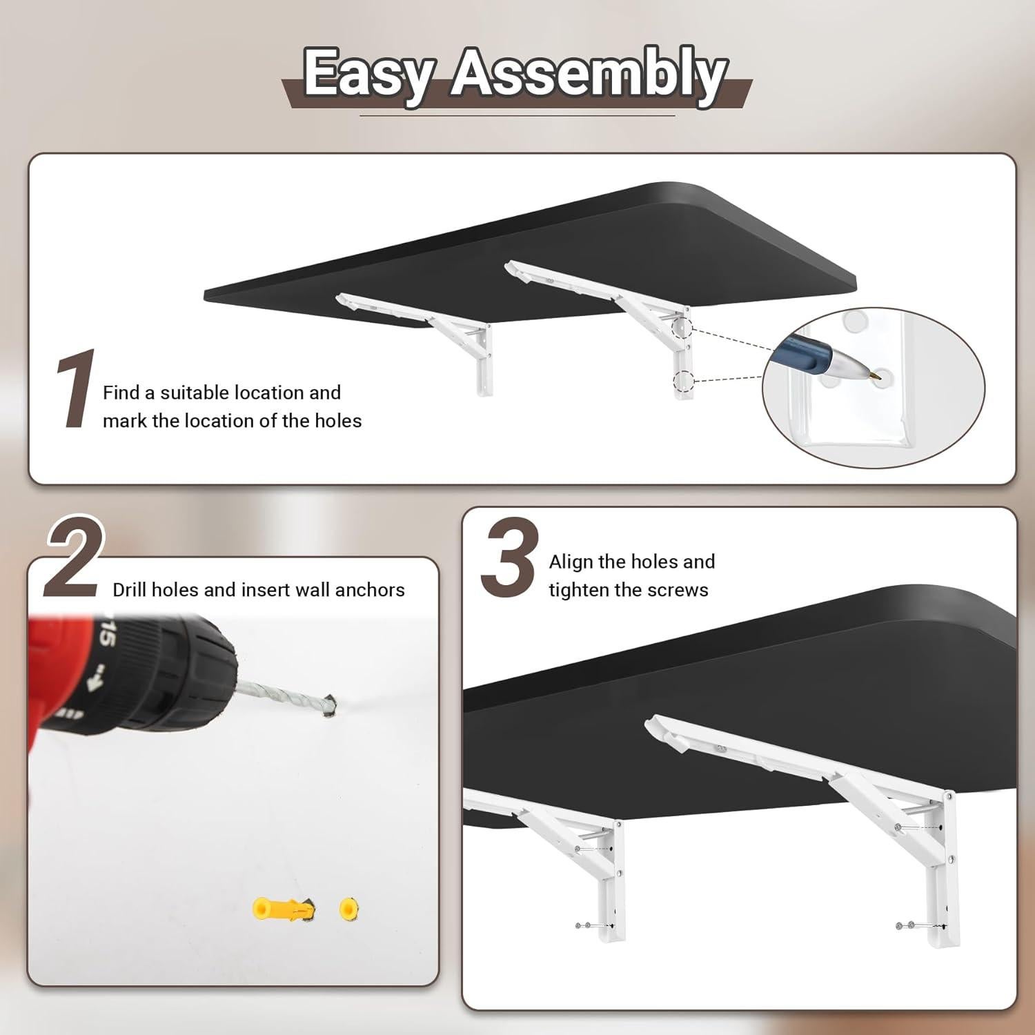 Wall Mounted Folding Table 31.5”L x 15.7”W, Laundry Folding Table with Heavy Duty Metal Collapsible Shelf Brackets, 120 LBS Capacity, Wall Mounted Desk Fold Down for Small Spaces, Black