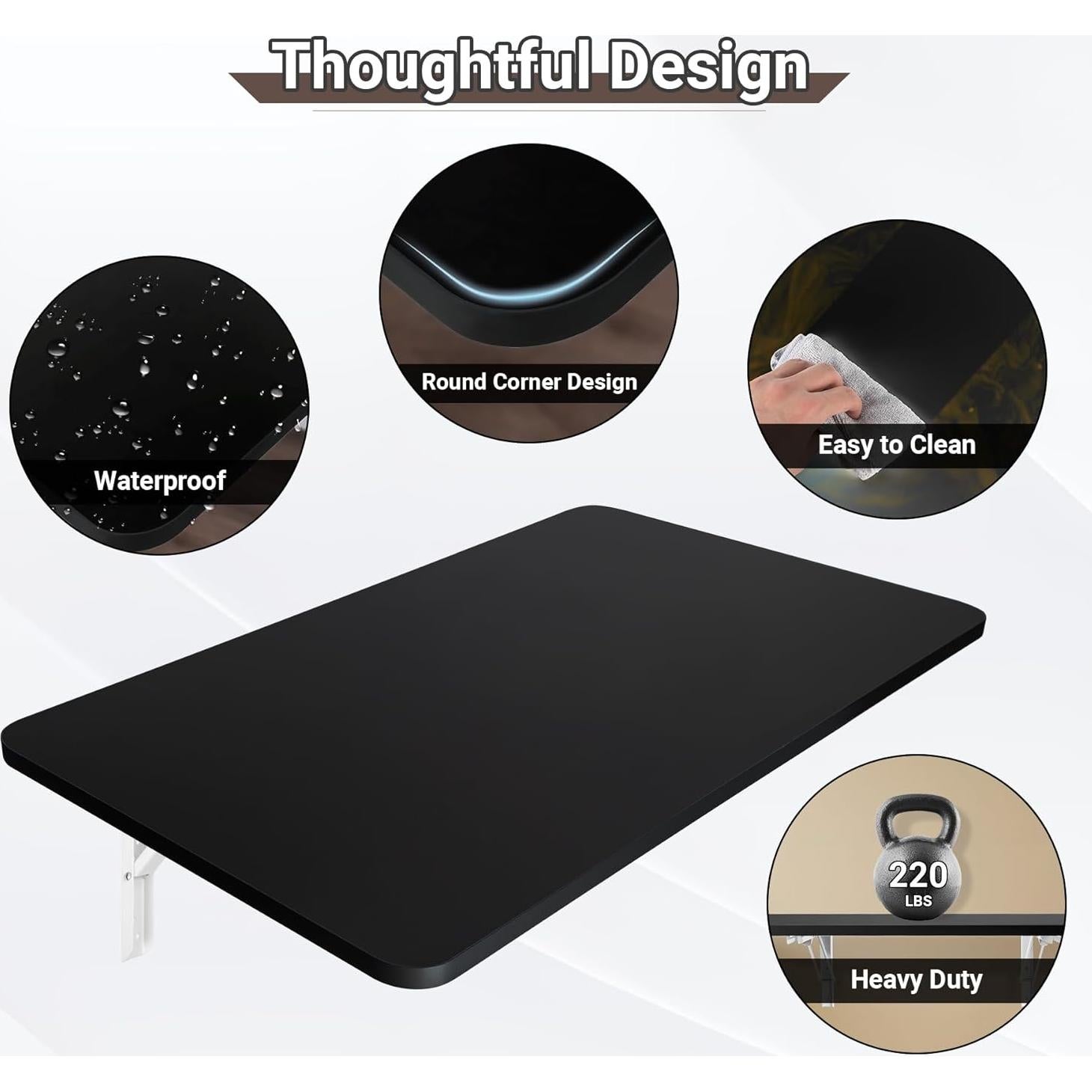 Wall Mounted Folding Table 31.5”L x 15.7”W, Laundry Folding Table with Heavy Duty Metal Collapsible Shelf Brackets, 120 LBS Capacity, Wall Mounted Desk Fold Down for Small Spaces, Black