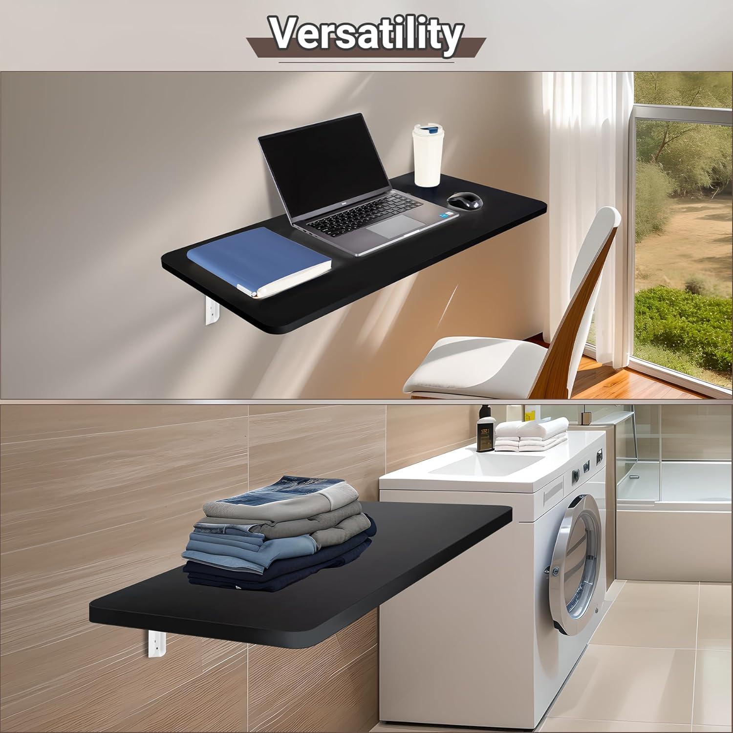 Wall Mounted Folding Table 31.5”L x 15.7”W, Laundry Folding Table with Heavy Duty Metal Collapsible Shelf Brackets, 120 LBS Capacity, Wall Mounted Desk Fold Down for Small Spaces, Black