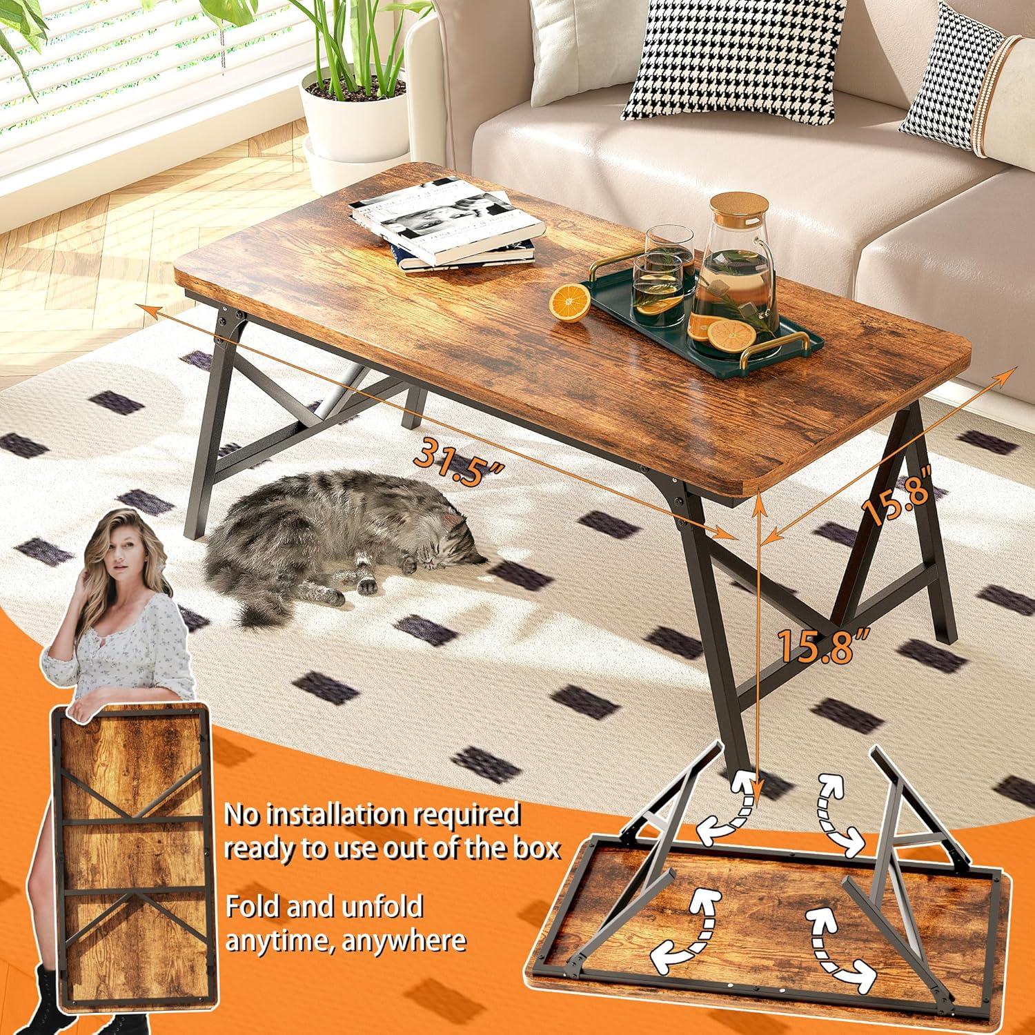 Folding Coffee Table, No Assembly Low Table, Desk for Sitting on The Floor, Portable for Living Room, Home, Caravan and Outdoor Use, 31.5L x 15.8W' x 15.8H'