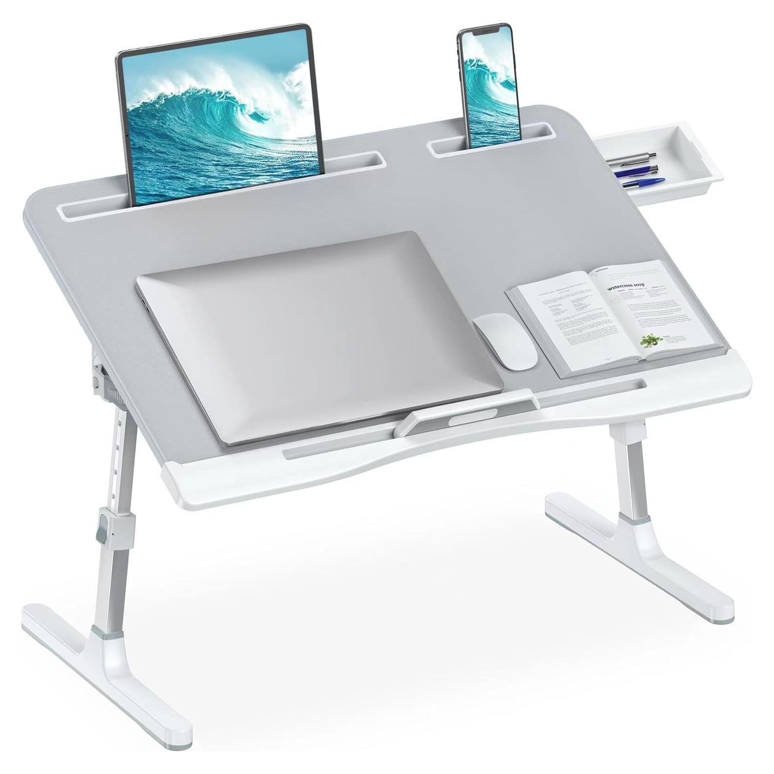 Laptop Desk for Bed, Adjustable Bed Table with Leather Desktop, Foldable X-Large Laptop Bed Trays with Drawer for Bed Couch Floor Writing Working Reading Eating Painting (Gray, 23.6"×15.7")