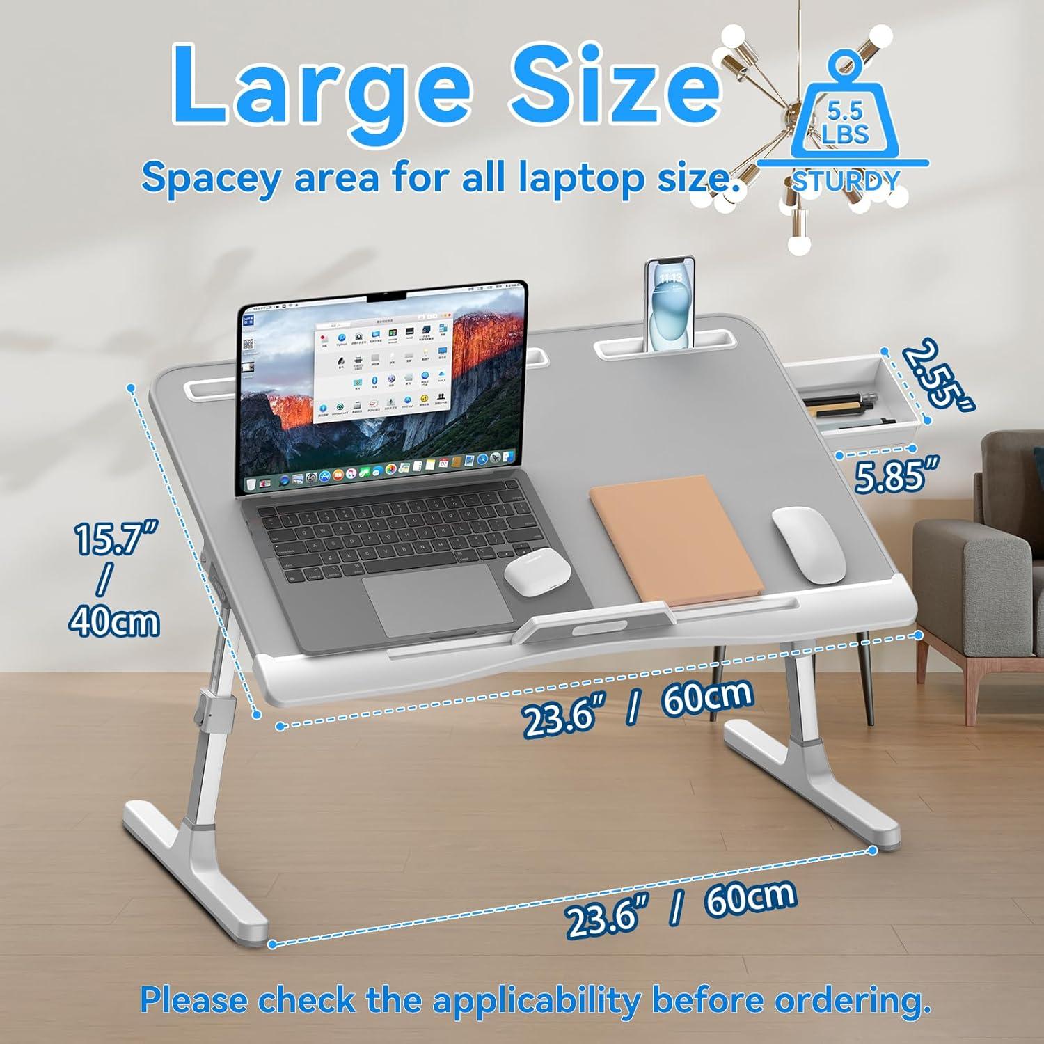 Laptop Desk for Bed, Adjustable Bed Table with Leather Desktop, Foldable X-Large Laptop Bed Trays with Drawer for Bed Couch Floor Writing Working Reading Eating Painting (Gray, 23.6"×15.7")