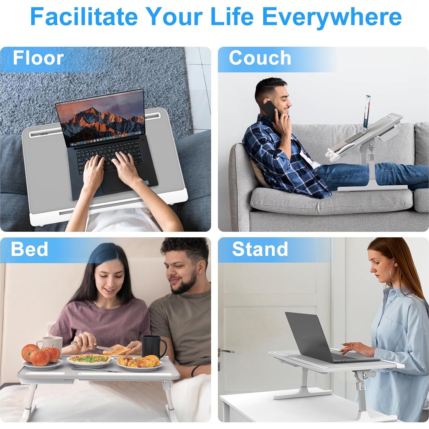 Laptop Desk for Bed, Adjustable Bed Table with Leather Desktop, Foldable X-Large Laptop Bed Trays with Drawer for Bed Couch Floor Writing Working Reading Eating Painting (Gray, 23.6"×15.7")