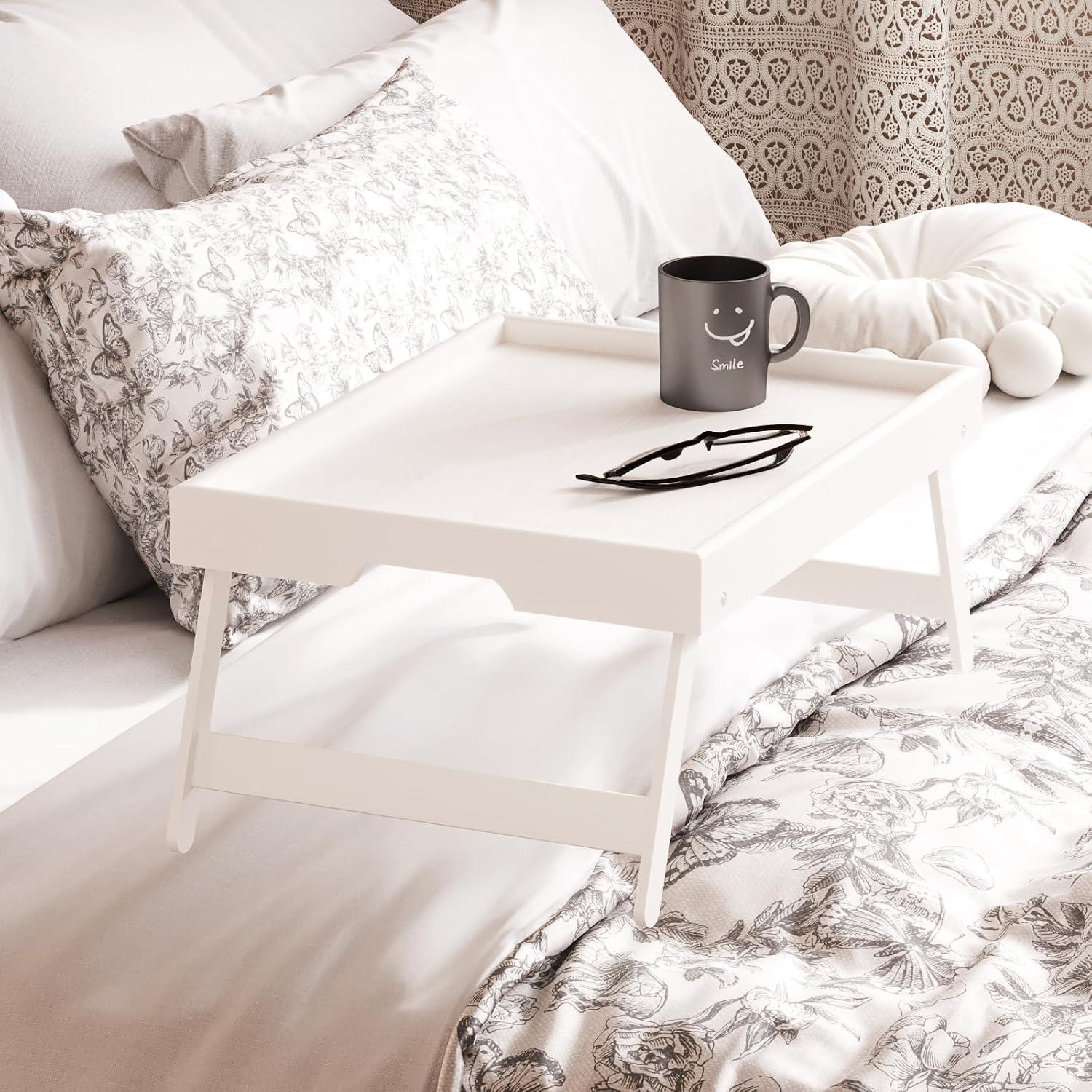 Bandeja de Cama Plegable Fibogollo 2 Pcs Bambú Blanco 40x30cm