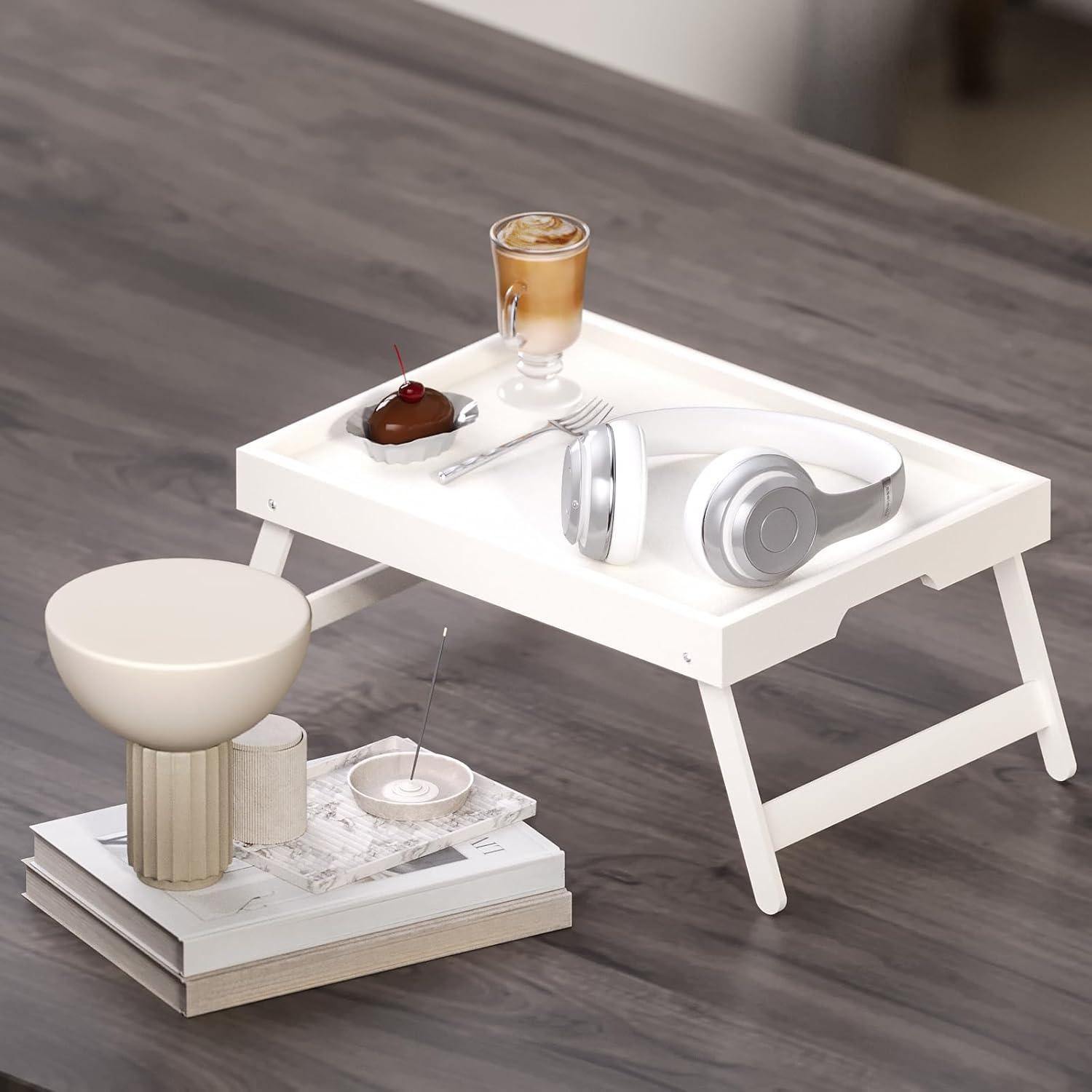 Bandeja de Cama Plegable Fibogollo 2 Pcs Bambú Blanco 40x30cm