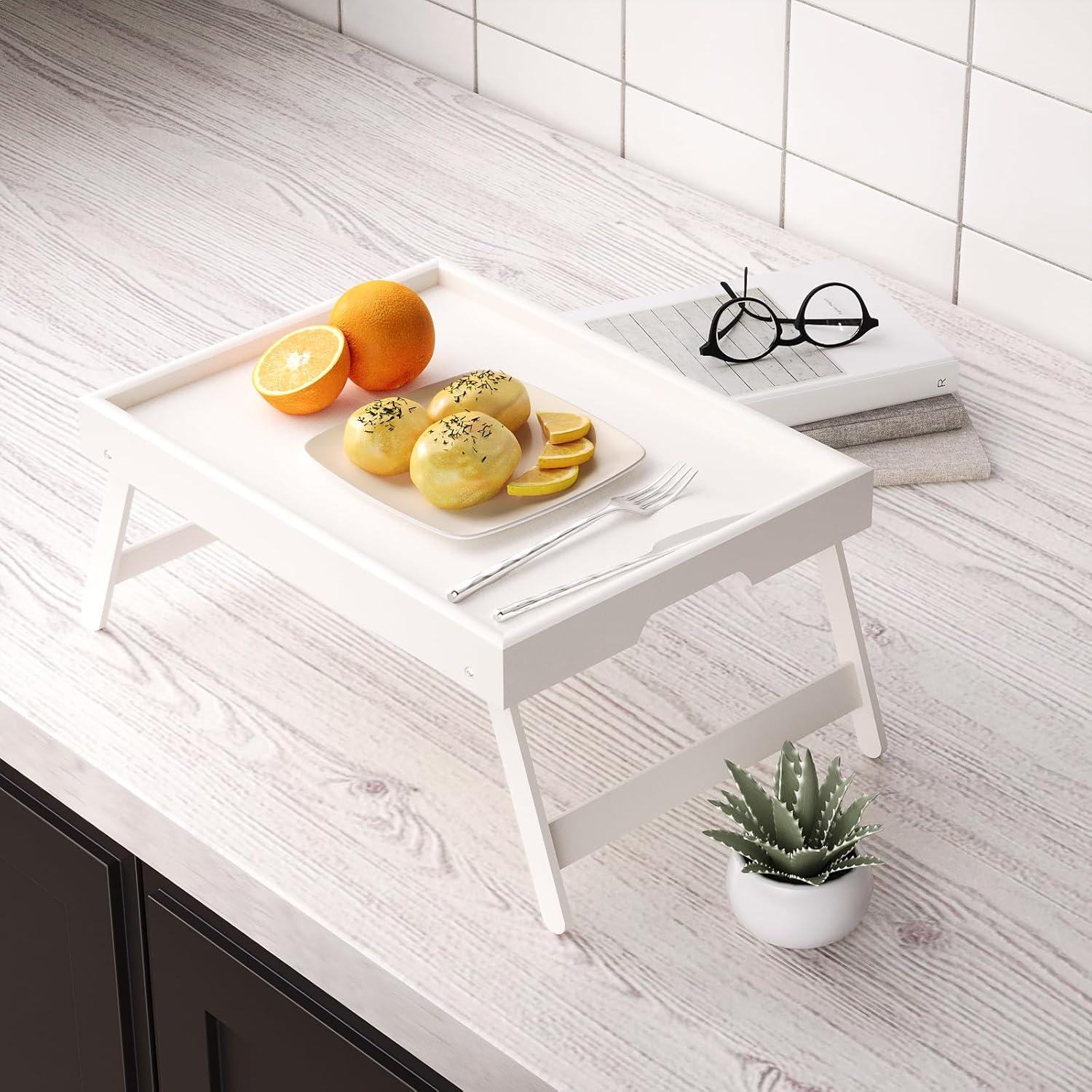 Bandeja de Cama Plegable Fibogollo 2 Pcs Bambú Blanco 40x30cm