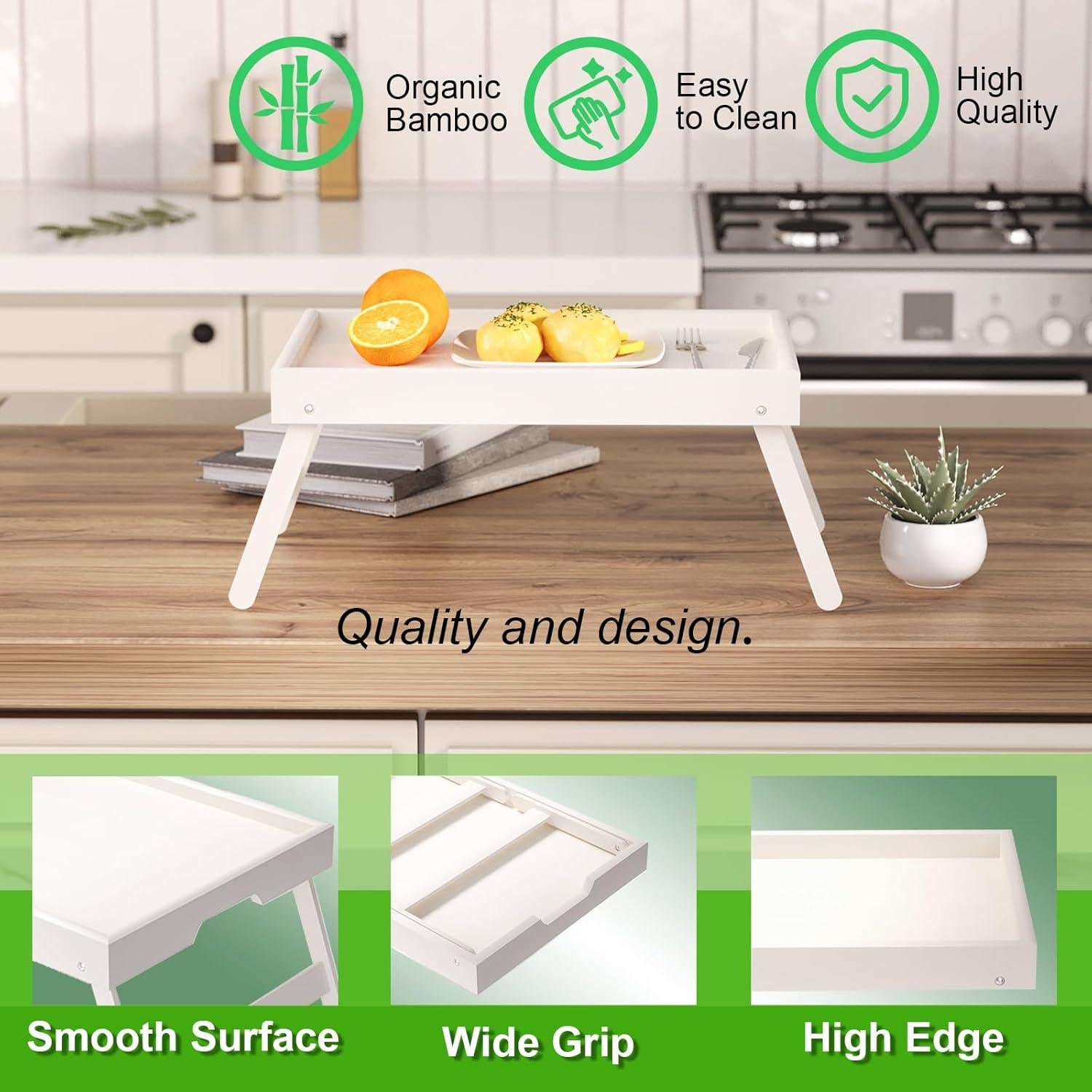 Bandeja de Cama Plegable Fibogollo 2 Pcs Bambú Blanco 40x30cm