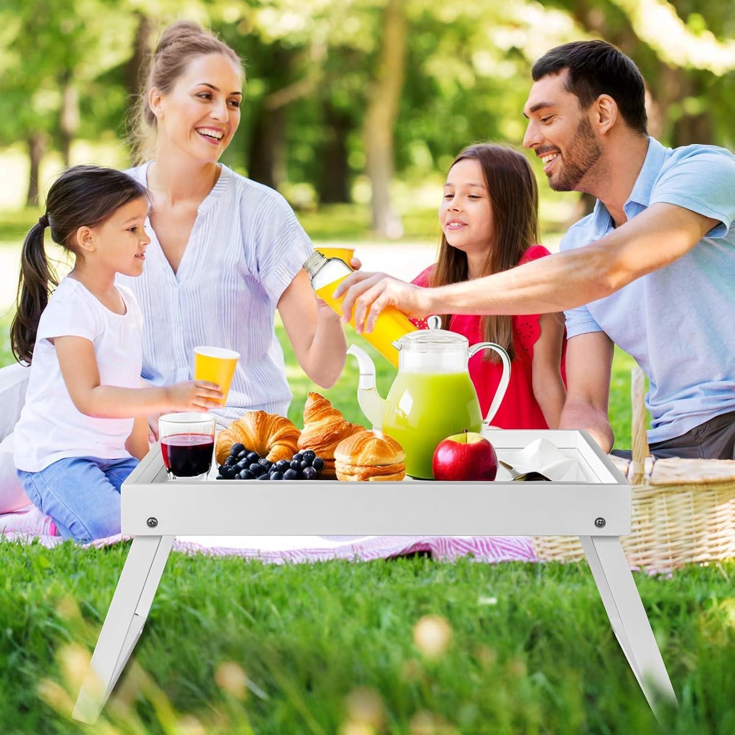 Mesa de bandeja de cama RRX de bambú plegable blanca 47x28 cm