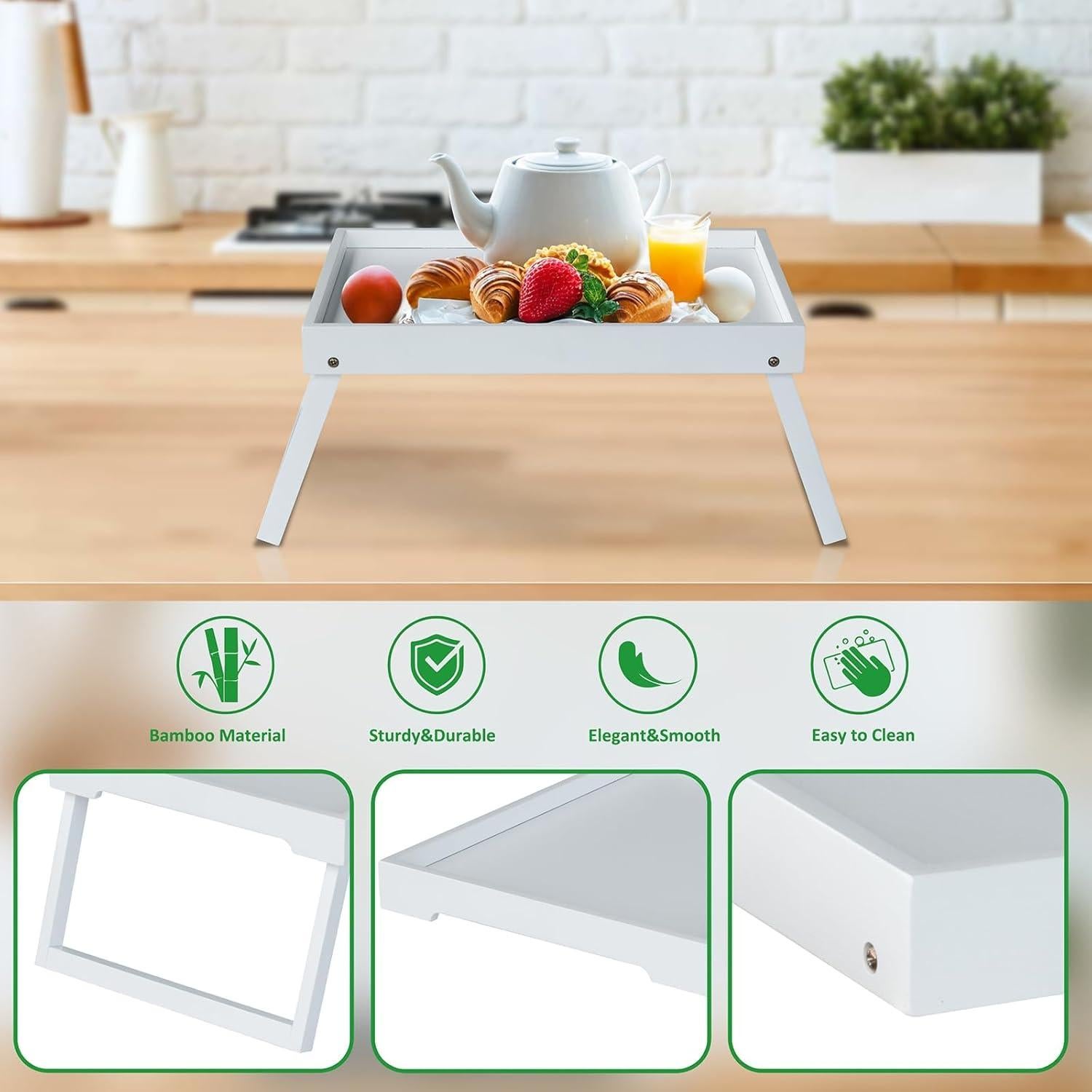 Mesa de bandeja de cama RRX de bambú plegable blanca 47x28 cm