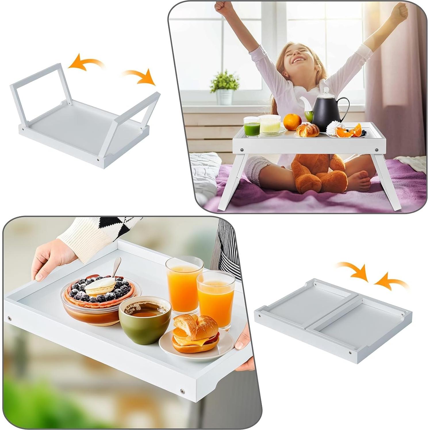 Mesa de bandeja de cama RRX de bambú plegable blanca 47x28 cm