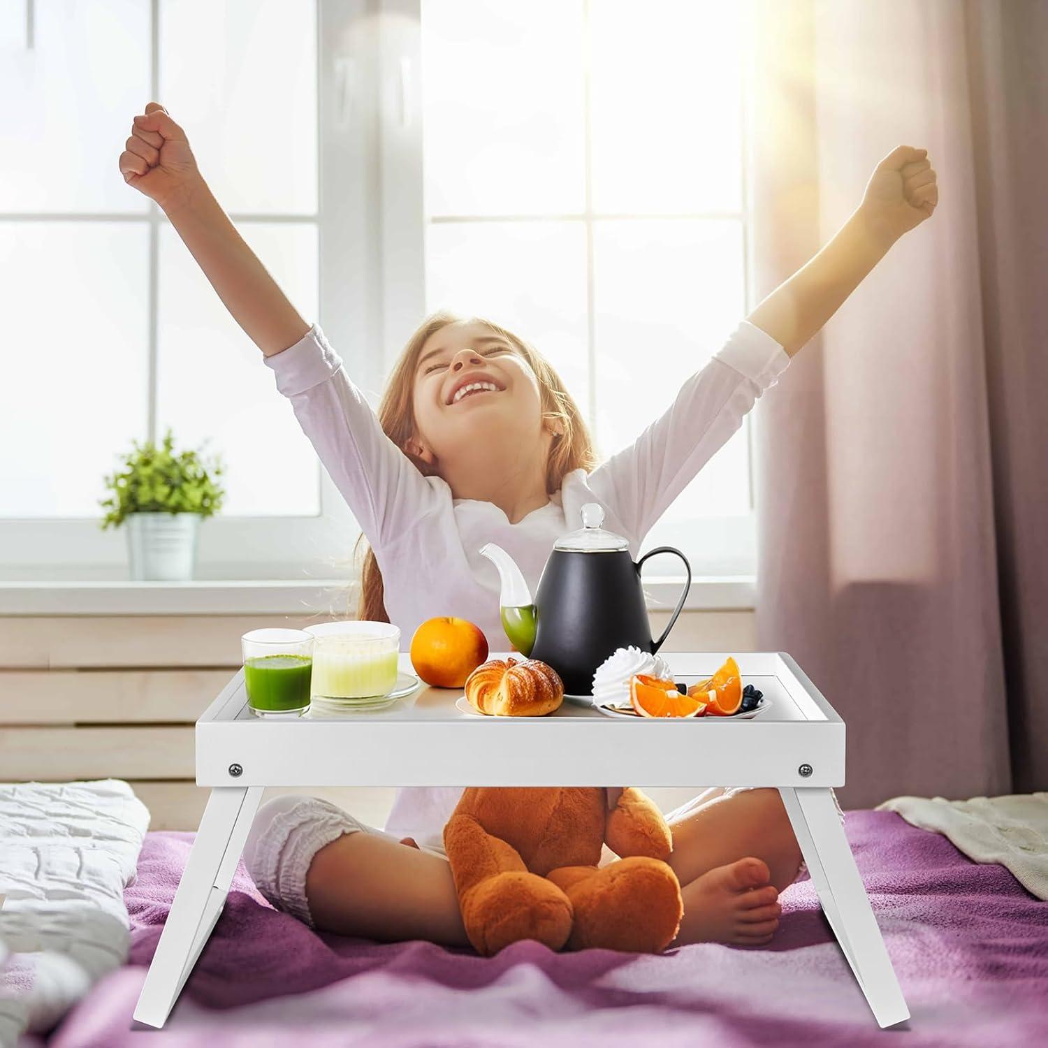 Mesa de bandeja de cama RRX de bambú plegable blanca 47x28 cm