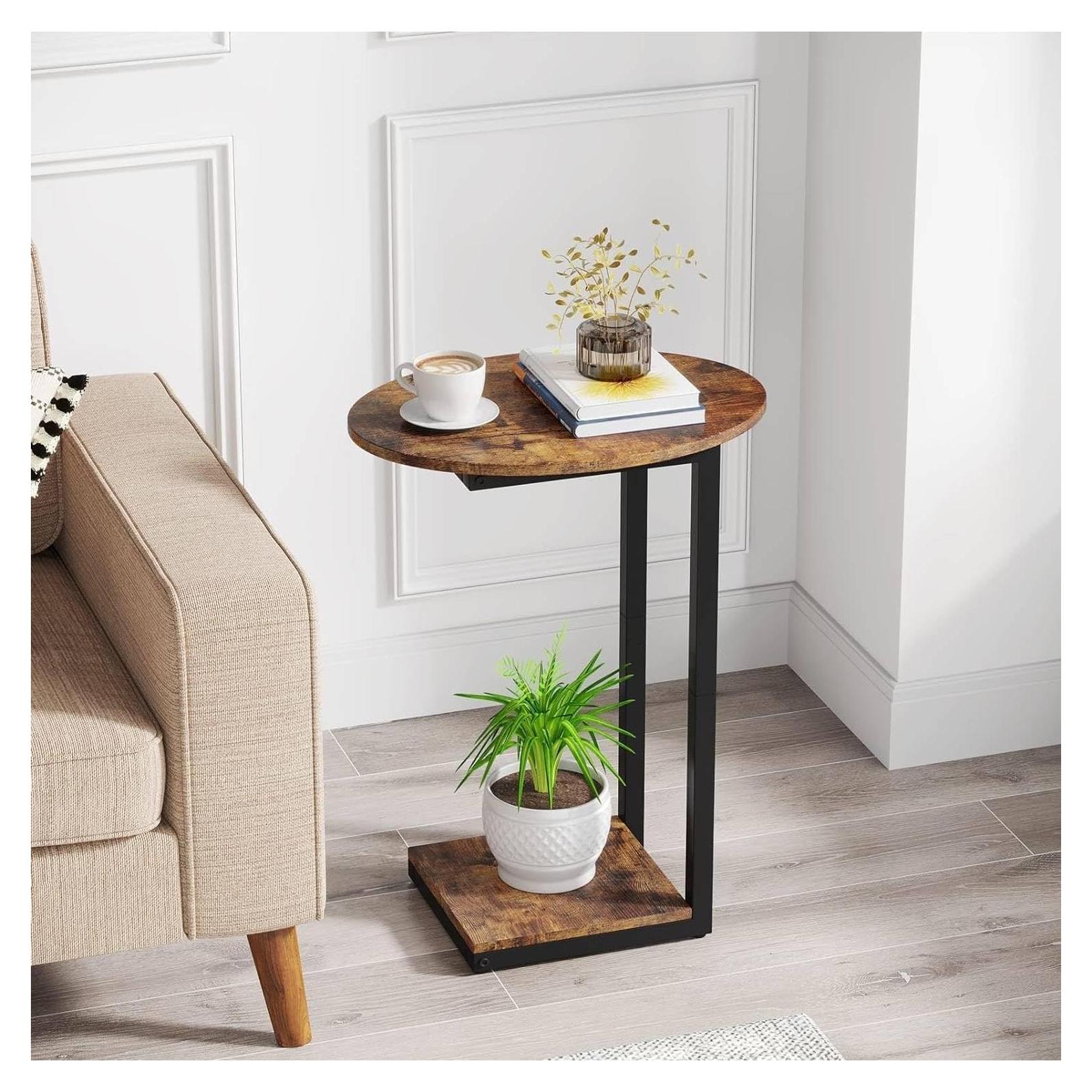 Mesa Lateral Hosfais ET006 Ovalada de Madera y Metal 39.9x32x65 cm