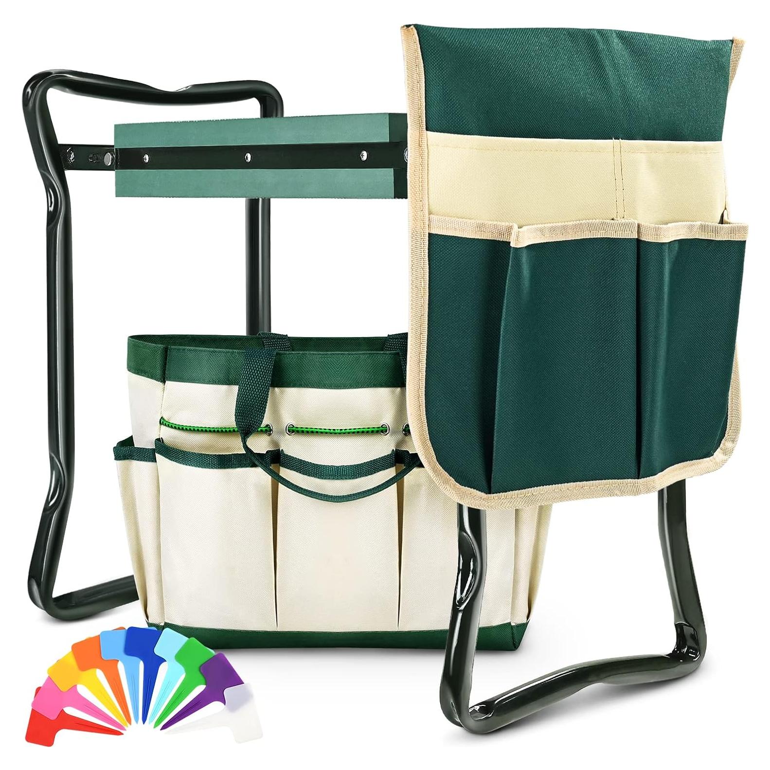 Banco de Jardín KVR Plegable con Asiento y Bolsa de Herramientas