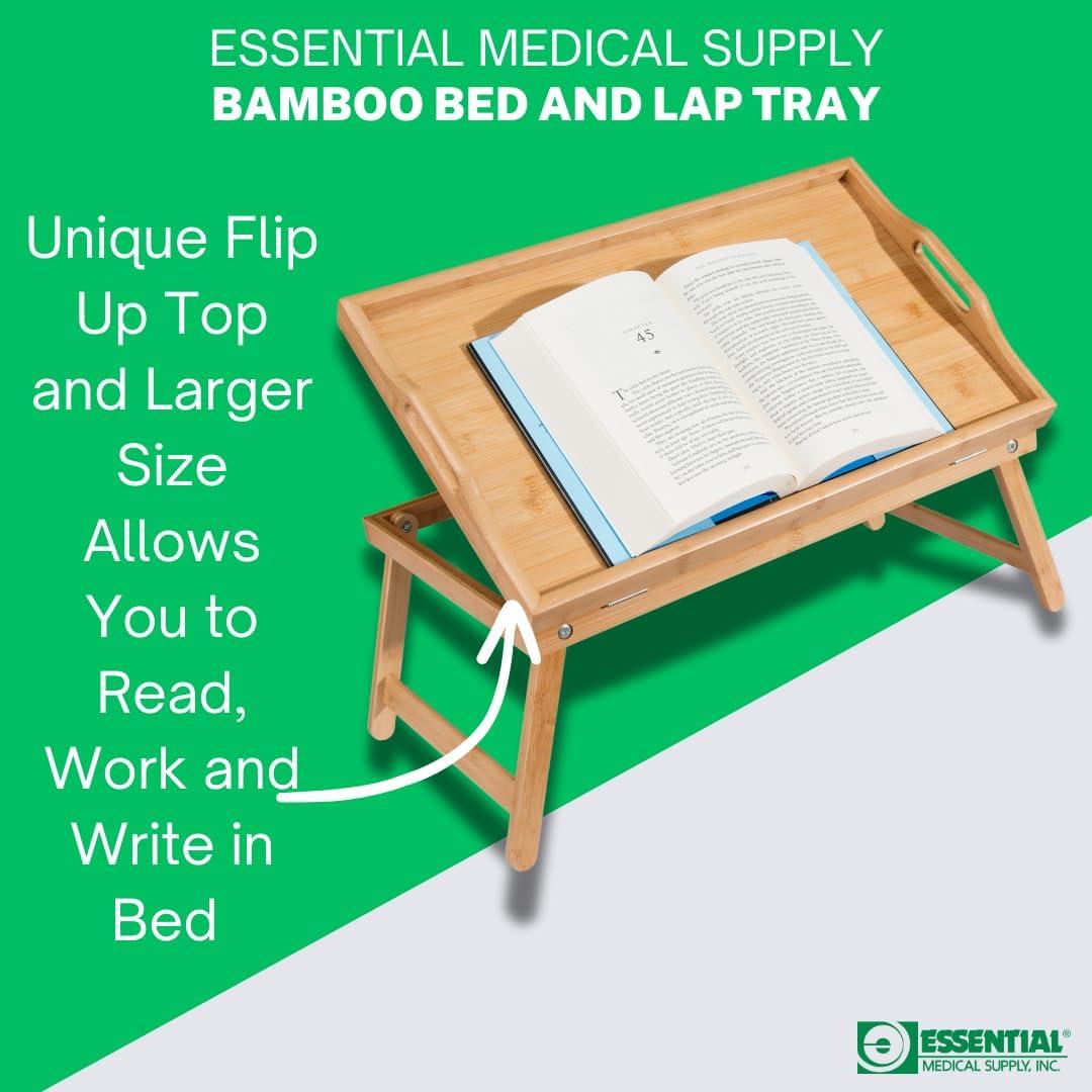 Essential Medical Supply Bamboo Bed and Lap Tray - Extra Large Flip Up Top, Raised Edge, and Handles for Easy Use - Perfect for Eating, Reading or Working in Bed, On a Recliner or in a Wheelchair