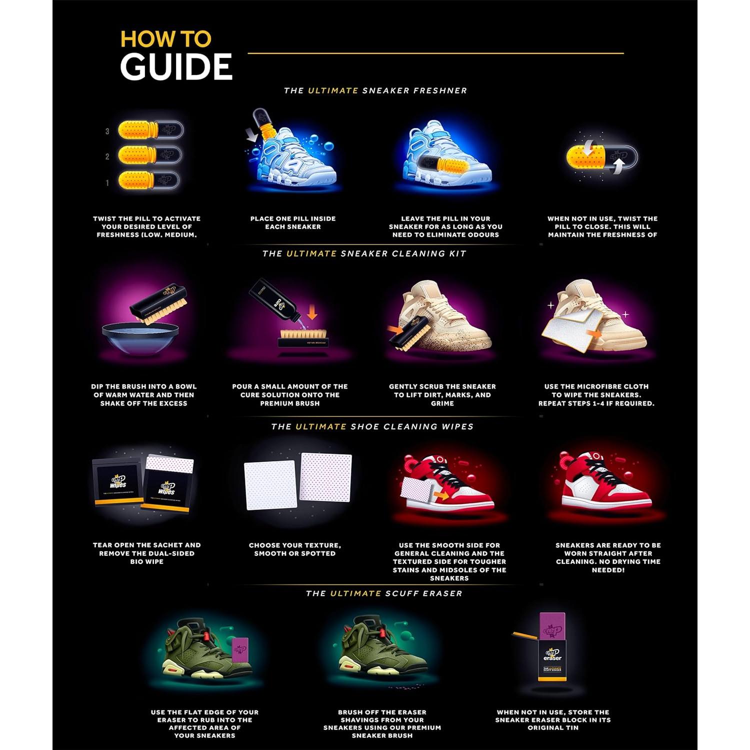 Crep Protect Shoe Care Pack - Premium Sneaker Cleaning Kit with 6 x Sneaker Wipes, 2 x Pill, Eraser, 3.5 oz Cleaning Solution, Microfibre Cloth & Brush