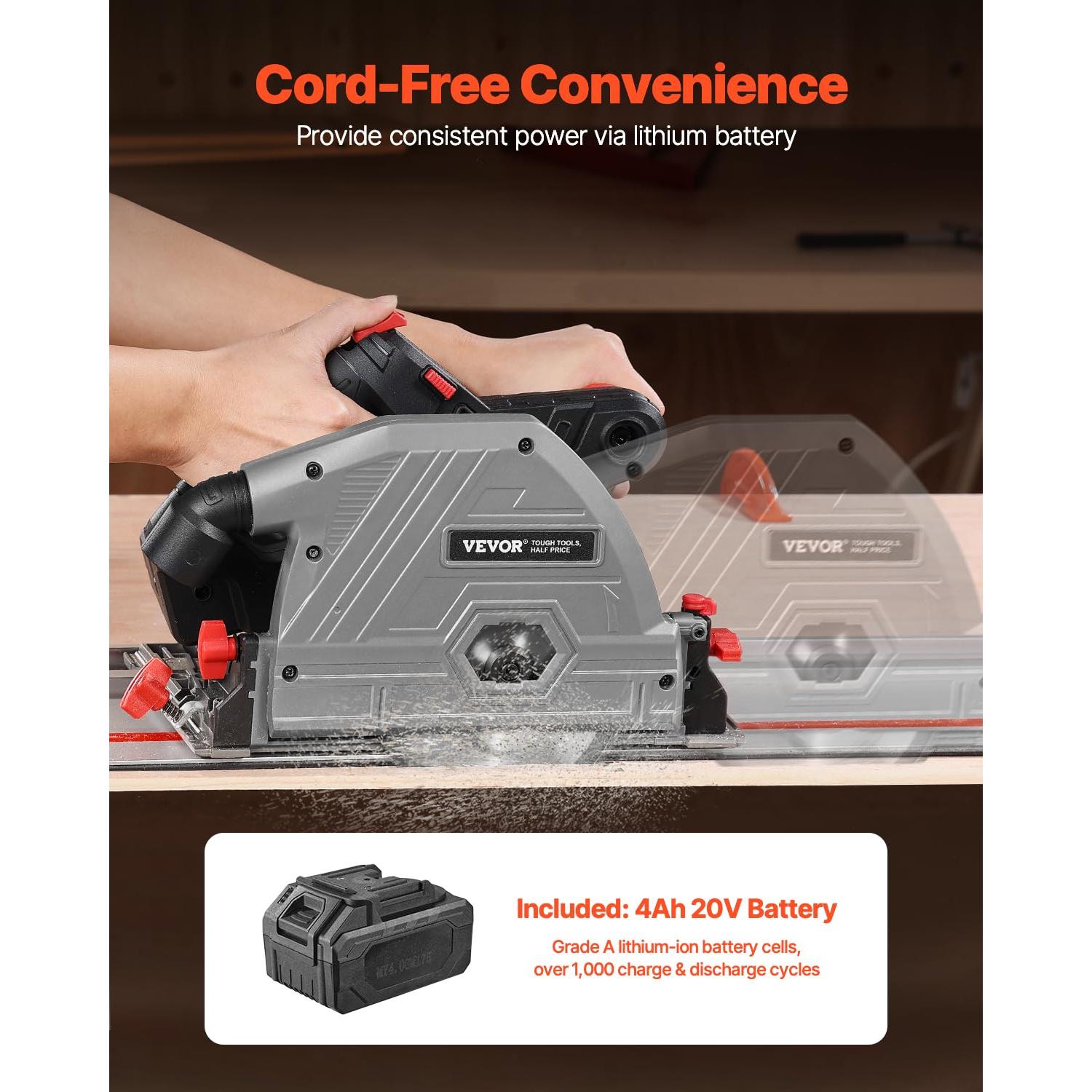 VEVOR Cordless Track Saw, 5-1/2 in Blade, Brushless Plunge Circular Saw Kit, with one 4Ah 20V Battery and Charger, Hard Case, 2.05 in Cutting Depth, for Wood, Plastic, Compatible with Makita Batteries