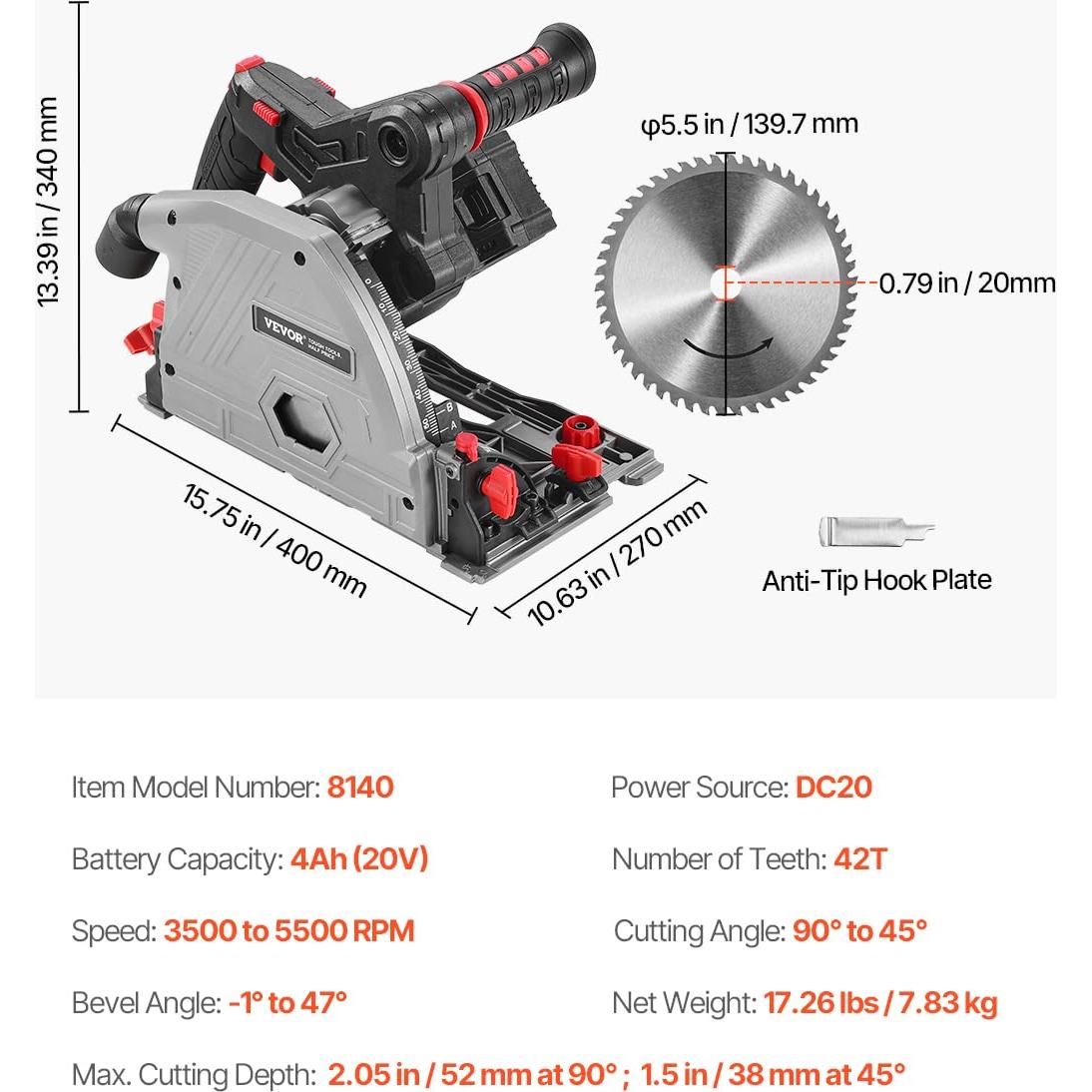 VEVOR Cordless Track Saw, 5-1/2 in Blade, Brushless Plunge Circular Saw Kit, with one 4Ah 20V Battery and Charger, Hard Case, 2.05 in Cutting Depth, for Wood, Plastic, Compatible with Makita Batteries