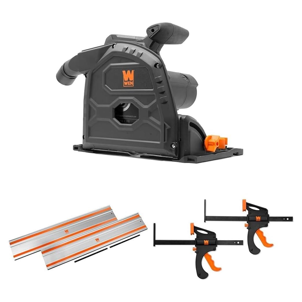 WEN 12-Amp 7-1/4-Inch Variable Speed Plunge Cut Circular Track Saw with 110-Inch Track Saw Track Guide Rail and Clamps (CT1274, CT9110, CT992F)