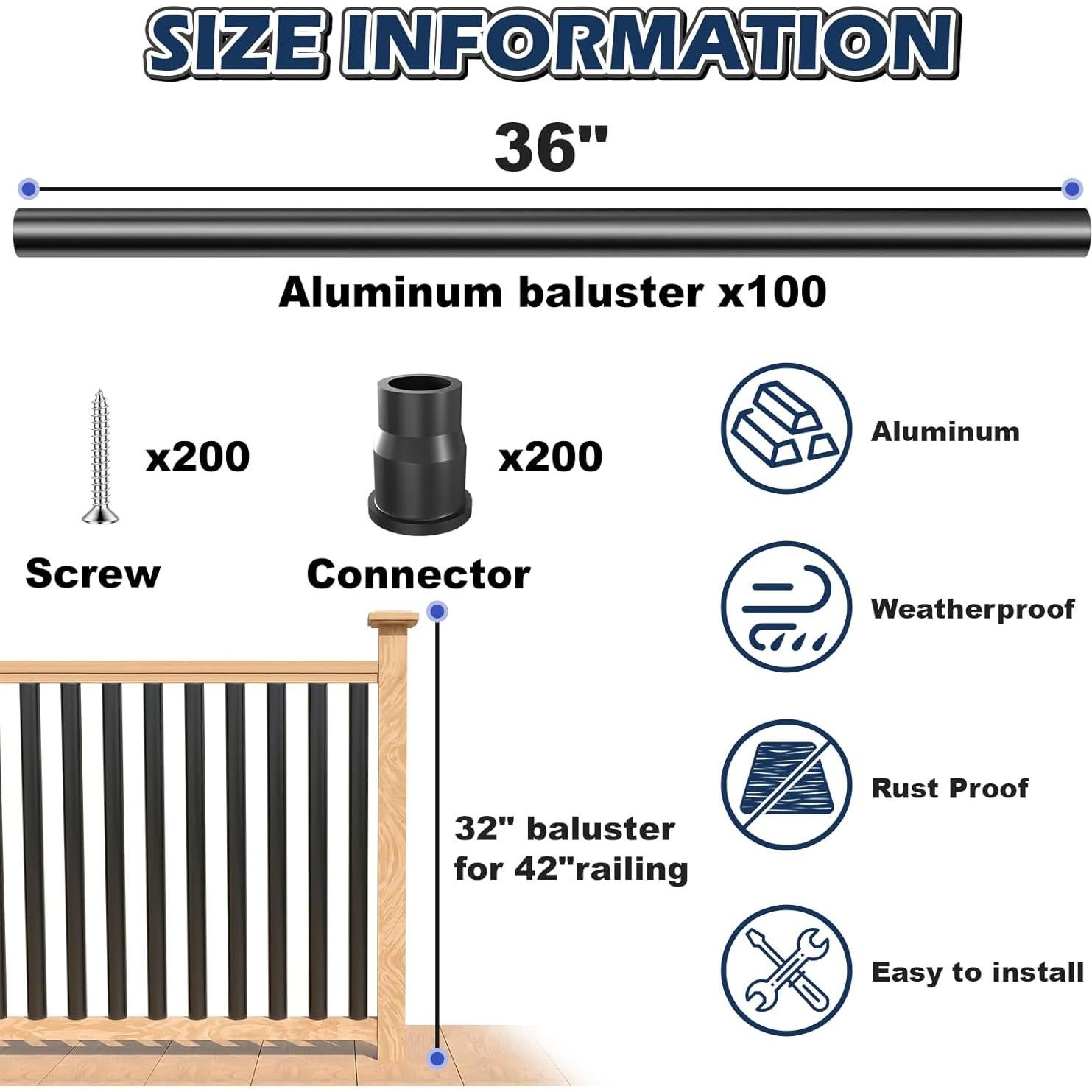Paquete de 100 Balustres de Aluminio Redondos 91.44 cm
