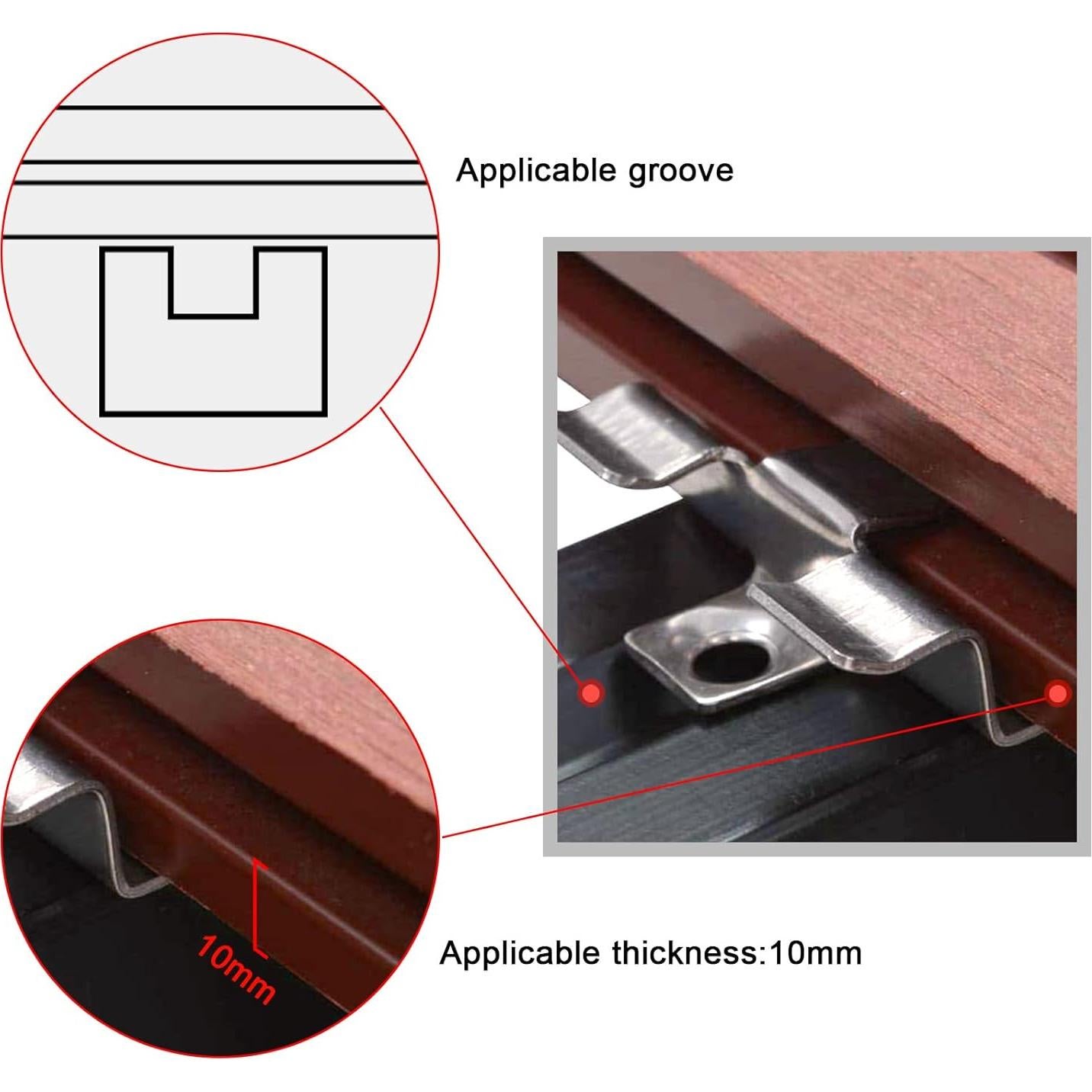 100 Clips de Deck con Tornillos de Acero Inoxidable 4x1cm