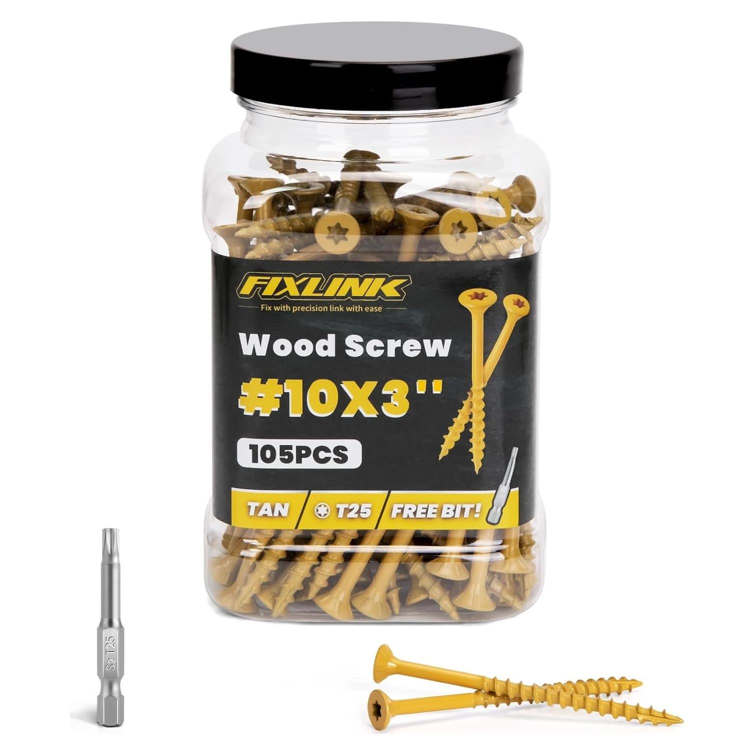 Tornillos de Madera FIXLINK #10 x 76mm, 105 Pcs, Resistencia Óxido