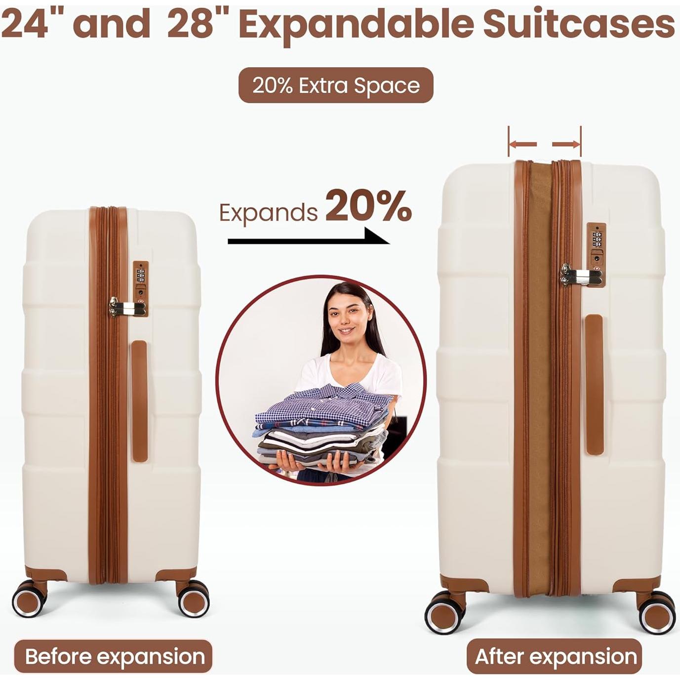 Luggage Sets 3 Piece with Spinner Wheel, Hardside Suitcase Set with TSA Lock, Expandable Travel Luggage for Men and Women, White