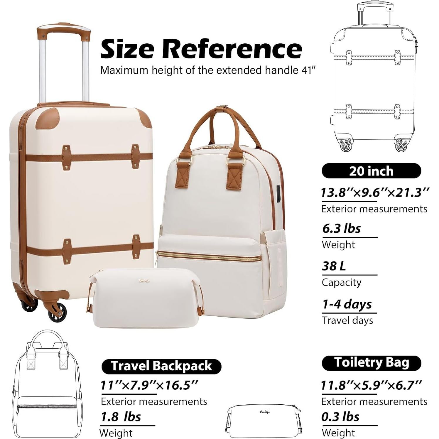 Conjunto de Equipaje Coolife 3 Piezas Maleta Dura Blanco