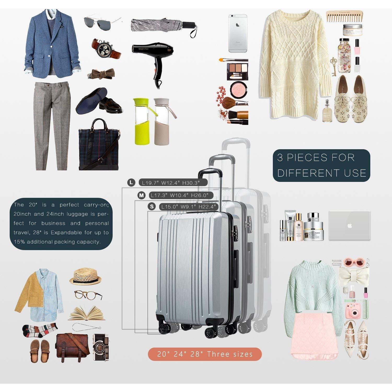 Maleta Coolife rígida 3 piezas con cerradura TSA - 20, 24, 28 in